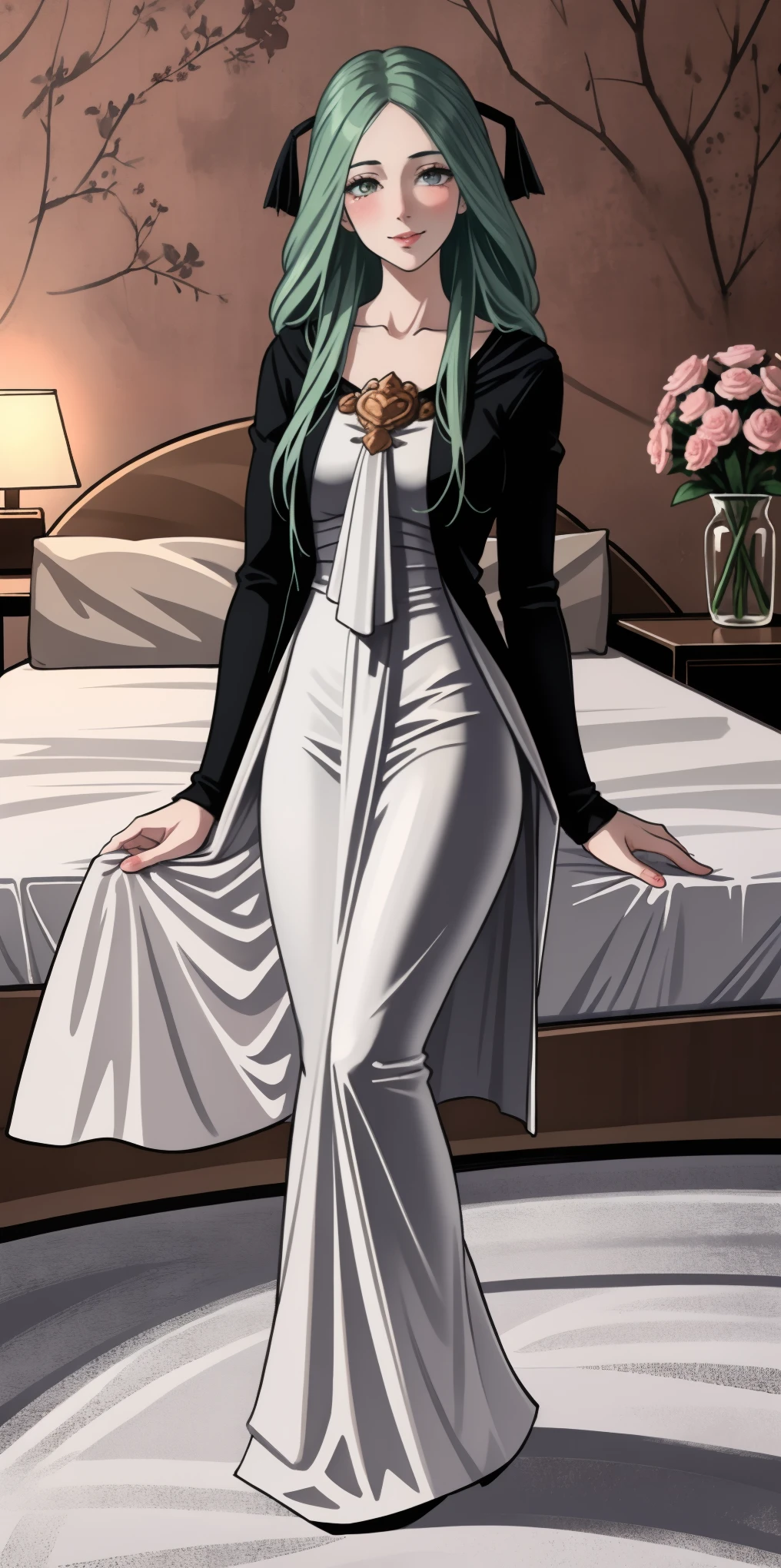 ((masterpiece)) best quality, anime coloring, 8kwallpaper, wallpaper, very detailed, highly detailed, 1 girl, long hair, big anime eyes, tall, white, black blazer, red hair ribbon, looking at viewer, slight blush, lustful smirking smile face red blushed red cheeks, smile, standing, black skirt, bedroom background, bed, sheets, pillow