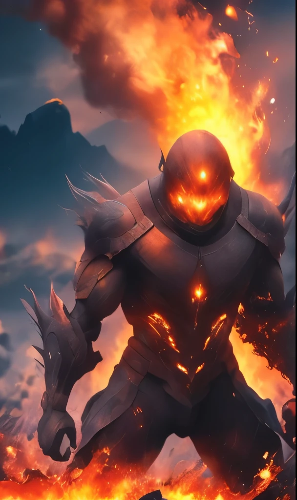 (best quality,4k,8k,highres,masterpiece:1.2),ultra-detailed,(realistic,photorealistic,photo-realistic:1.37),intense flames,heavy smoke,dramatic chiaroscuro lighting,fierce and determined expression,exposed veins and muscles,fiery embers floating in the air,warm orange and red color palette,molten lava streaming down the arm,raw power and strength,concentration and focus,scorching heat and heat waves,wild and untamed flames,aggressive and dynamic pose,utter chaos and destruction,apocalyptic scene,enveloping sense of danger and urgency.
