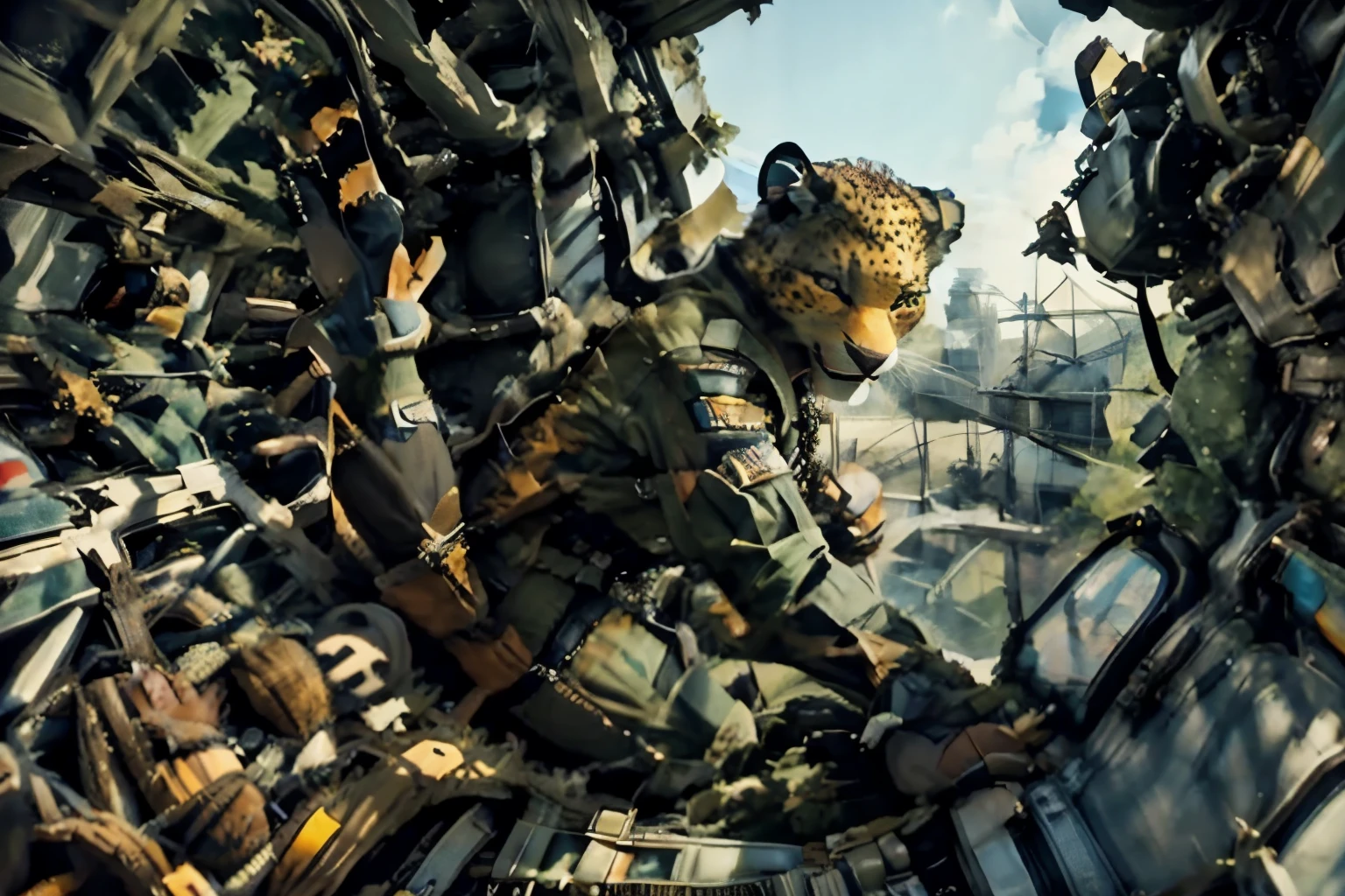 ((A leopard pilot in a flight suit climbing into his fighter)), futuristic space carrier hangar, masterpiece, best, hyper realistic, extreme realistic, anthro pilot, anthropomorphic leopard pilot