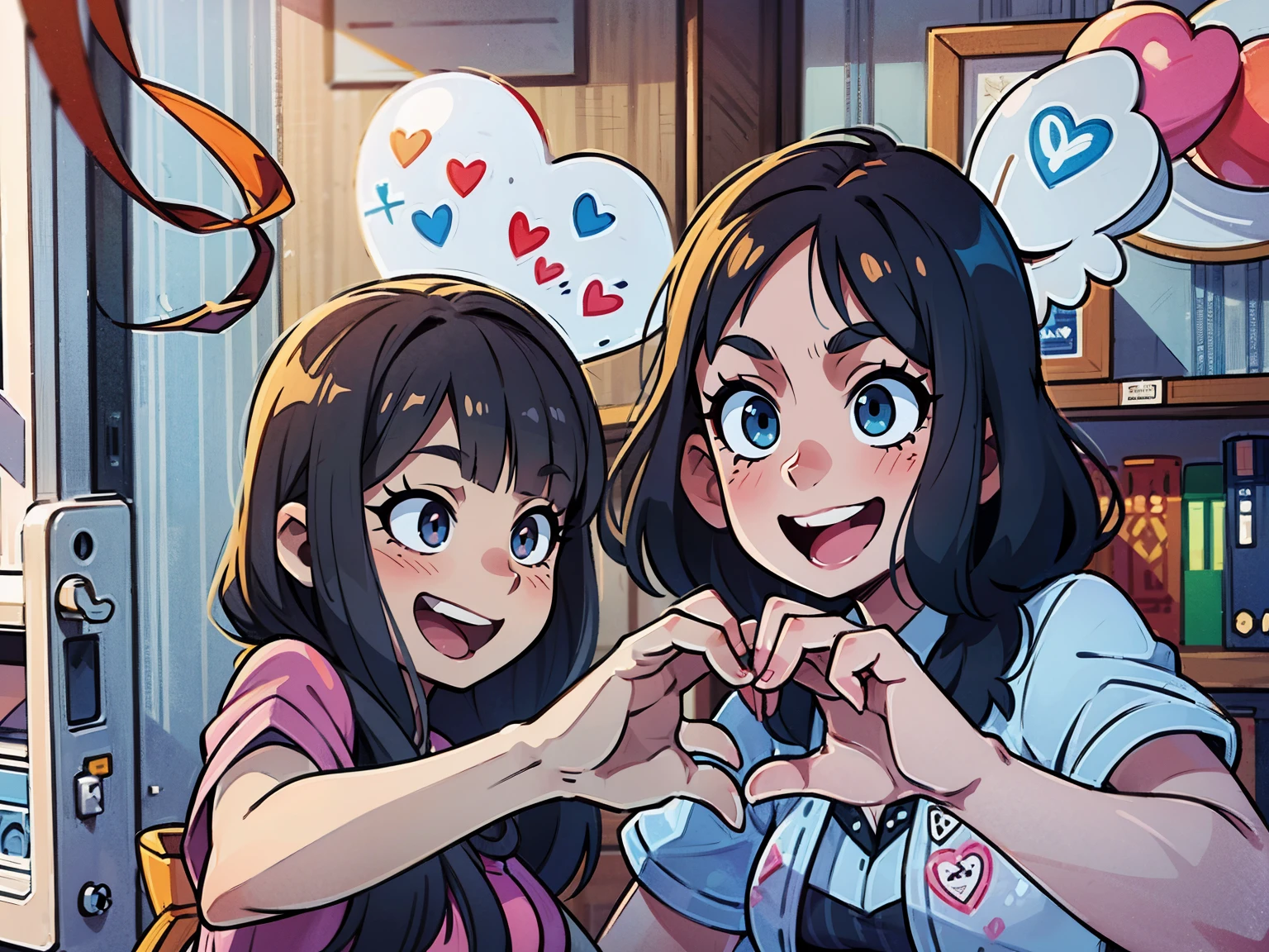 there are two women making a heart with their hands, a birthday party and ballons in the background, colorful picture, detailed eyes, smiling, detailed faces, ((perfect detailed faces)))