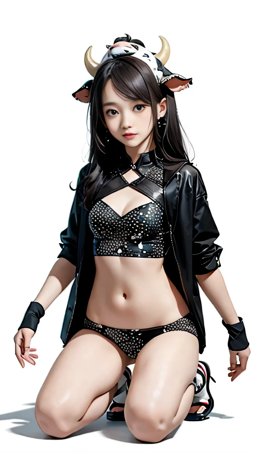 (((Masterpiece))),((top quality)),one beautiful Japanese girl,Pale, (An anthropomorphic cow character: 1.5), (Cow horns on the head:1.5)、((black spots on a white background:1.5)))、(belly button)、(glamorous:1.5),(plain clothes), (skin revealing),(The background is grassland 1.5).(((from the front:1.5)))、(straight front: 1.5)、(((kneel:1.5)))
