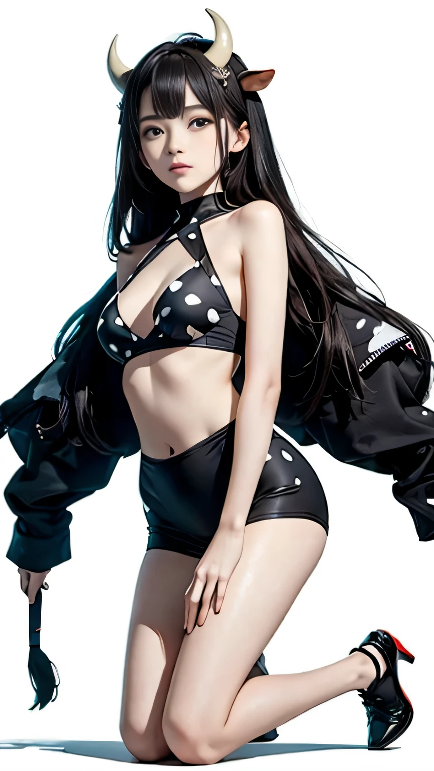(((Masterpiece))),((top quality)),one beautiful Japanese girl,Pale, (An anthropomorphic cow character: 1.5), (Cow horns on the head:1.5)、((black spots on a white background:1.5)))、(belly button)、(glamorous:1.5),(plain clothes), (skin revealing),(The background is grassland 1.5).(((from the front:1.5)))、(straight front: 1.5)、(((kneel:1.5)))