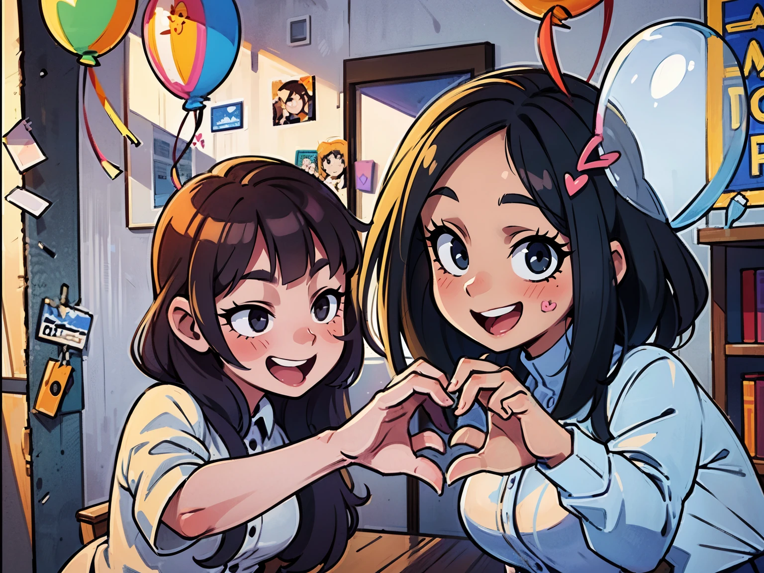 there are two women making a heart with their hands, a birthday party and ballons in the background, colorful picture, detailed eyes, smiling, detailed faces, ((perfect detailed faces))) black eyes,