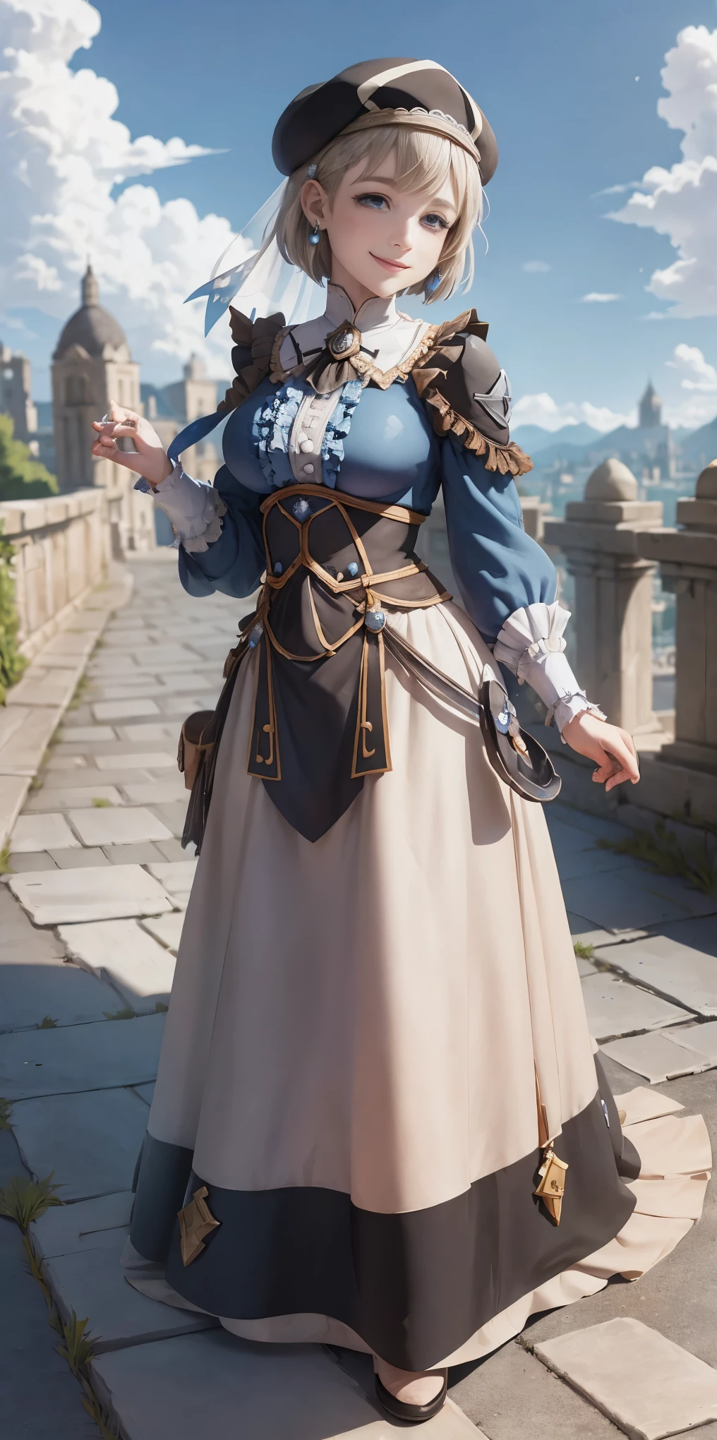 masterpiece, best quality, warMercedes, beret, veil, see-through, short hair, blue ascot, long frilled dress, large breasts, looking at viewer, smile, hand on own arm, outdoors, clouds, marble architecture, sky
