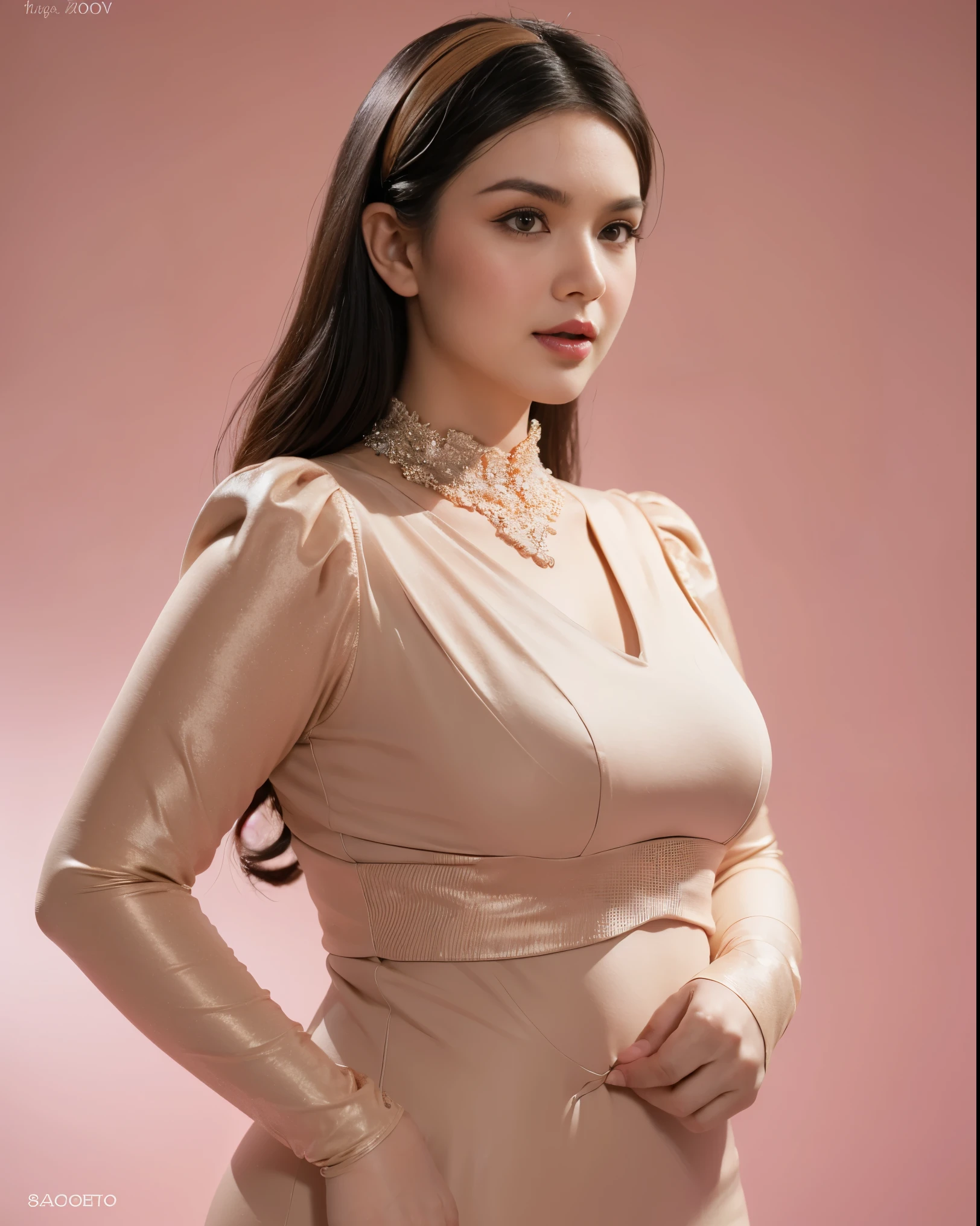 Vogue style side view photo shoot of malay 20years old young woman ((doing hand bra, bringing her chest together)), with pastel colored background in Wes Anderson style, detail skin texture, detailed face, saggy breast, dark , camel toe, heavy big breast, big round ass, wide hips, thick thighs, beer belly, curvy, view from side, hyper - realistic photography, Wes Anderson style, full body, 8k, close - up shot, extreme close - up photo, ((looking at viewer)), shiny wavy black hair