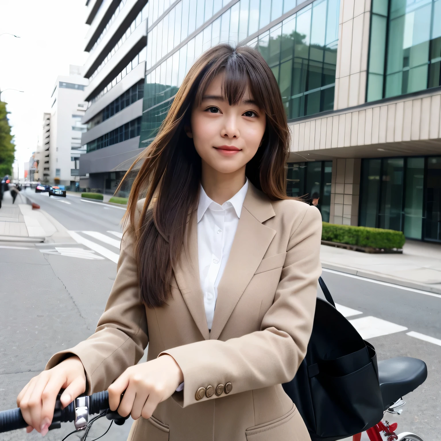 ((highest quality)), ((masterpiece)), (be familiar with), perfect face,A photorealistic image of a beautiful young woman in a recruit suit straddling a road bike in front of an office building. She has a medium layered hairstyle with bangs, and her hair is a light ash brown color. The image should capture her on the bike, confidently positioned, with a modern office building in the urban background. She is looking slightly off-camera, maintaining an air of professional elegance. The lighting should be bright and natural, enhancing the professional look of her attire and the sleekness of the bike, with the office building's details clearly visible.