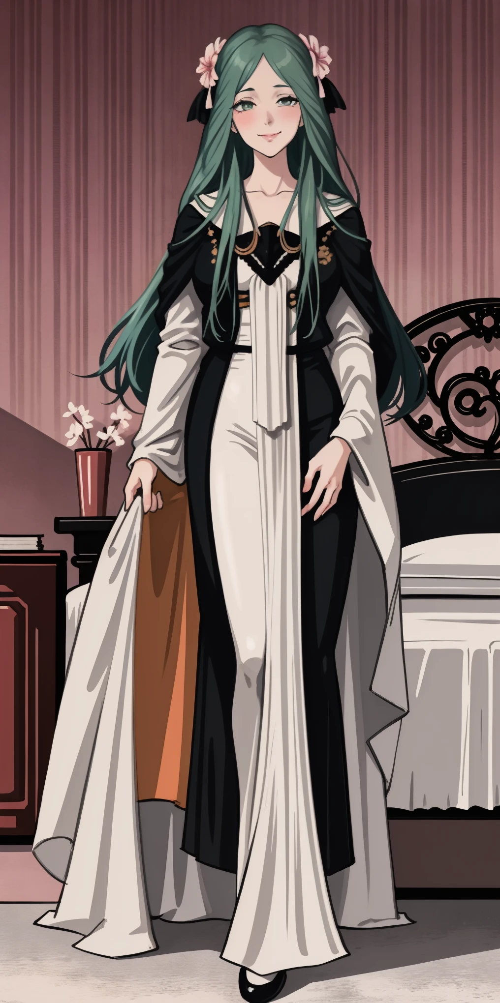 ((masterpiece)) best quality, anime coloring, 8kwallpaper, wallpaper, very detailed, highly detailed, 1 girl, long hair, big anime eyes, tall, white, black blazer, red hair ribbon, looking at viewer, slight blush, lustful smirking smile face red blushed red cheeks, smile, standing, black skirt, bedroom background, bed, sheets, pillow