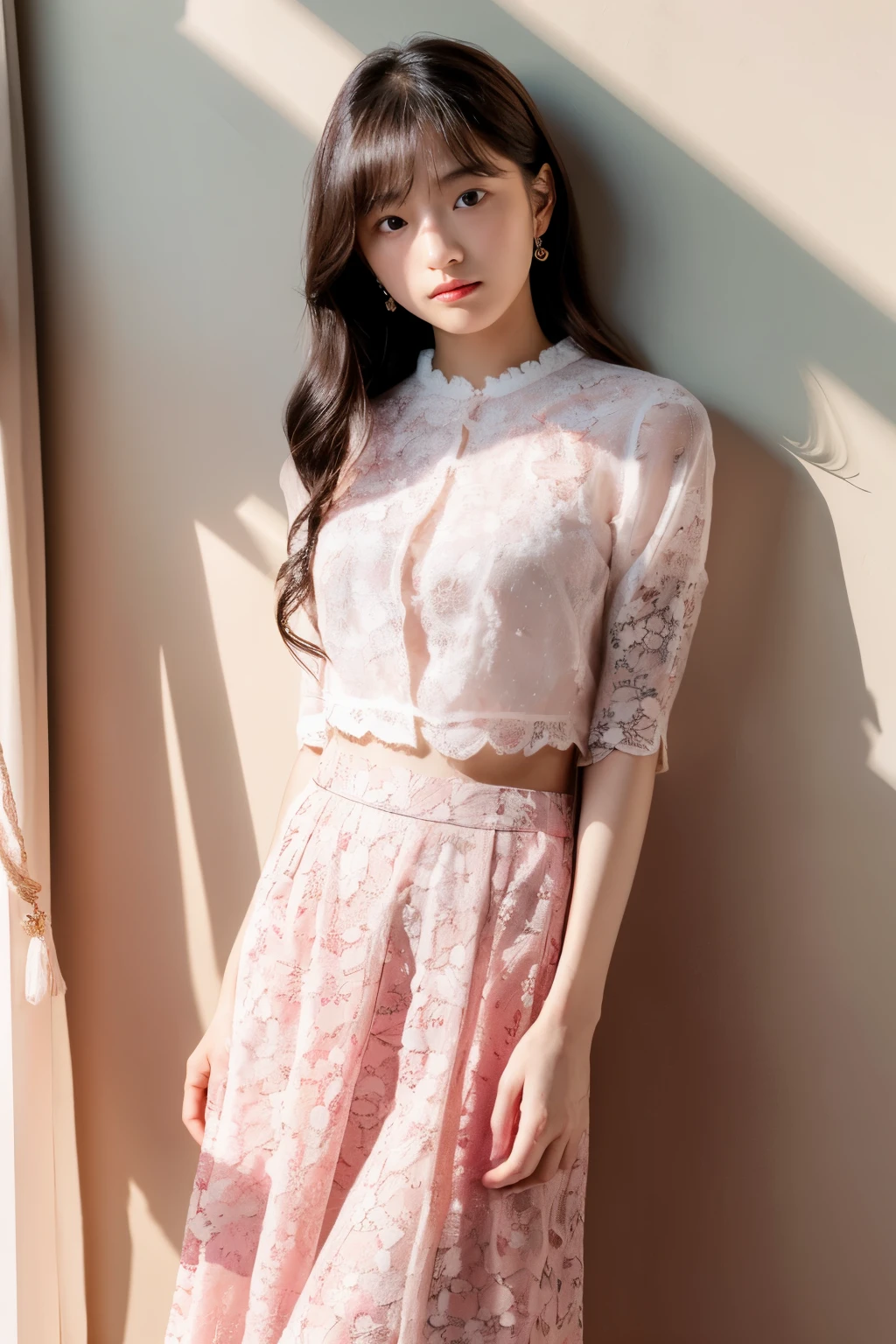 (masterpiece, best quality:1.2), (raw photo),(film gain:0.7),
(beautiful **** Japanese girl),
BREAK White floral lace blouse, pink flower detailed design long skirt,
(dynamic lighting), (Dapped sunlight:0.8),