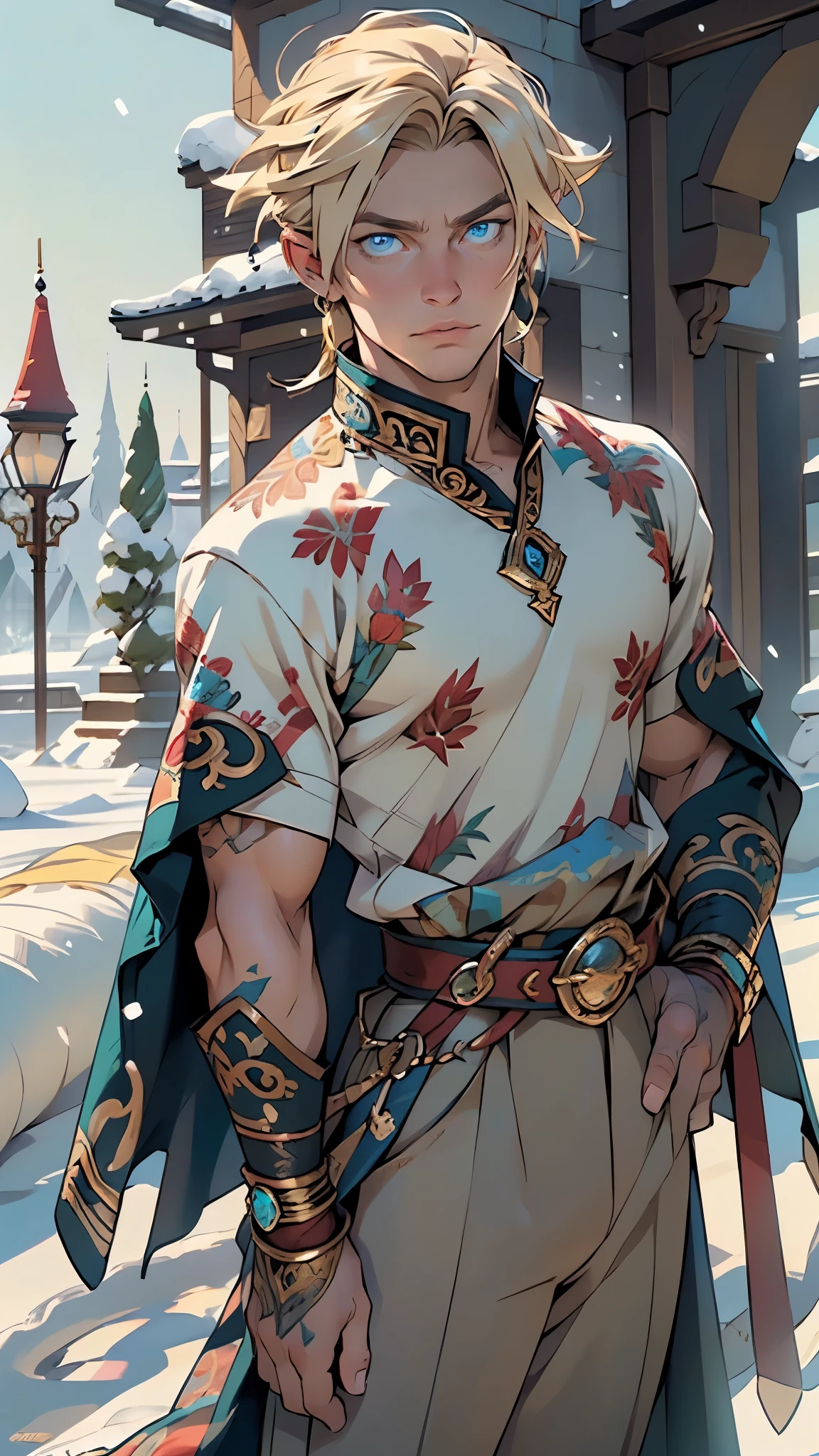 young man,male,light modern clothes,18 years old,(blonde hair:1.2,nice hair style,short detailed hair),(((blue_eyes:1.3))),intricate eyes,beautiful detailed eyes,symmetrical eyes,big eyes:1.5, handsome man,man:1.5,1 man,(male,muscle,1boy, 1 boy,pectoral,man chest, muscular),young,((1male,1 male,1man,man,male gender:1.5,handsome man,male focus)),
serious face,evil eyes,
(bulge on pants),((long, flowing green tunic adorned with fur and embroidery of Nordic symbols)), ((large black cape lined with fox fur)), Fur gloves, wide leather belt with a large metal buckle, necklace with an amulet,Metal bracelets,((clothing made of snake skin)),(((intricate outfit,intricate clothes,embroidered outfit,ornate outfit,embroidered clothes,ornate clothes))),
(dynamic pose:1.0),serious and thoughtful,man embarrassed,(centered,scale to fit dimensions,Rule of thirds),
((Asgard in the snow)),scenery:1.25,((intricate scenery)),((Asgard in the snow background)),(Asgard:1.5),
(Glossy nordic ornaments),highres,sharp focus,(ultra detailed,extremely detailed),(photorealistic artwork:1.37),(extremely detailed CG unity 8k wallpaper),(((vibrant colors,vibrant theme))),(intricate),(masterpiece),(best quality),artistic photography,(photography taken by sldr),(intricate background),perfect rendered face,perfect face details,realistic face,photo realistic,((intricate detail)),(((realism))),