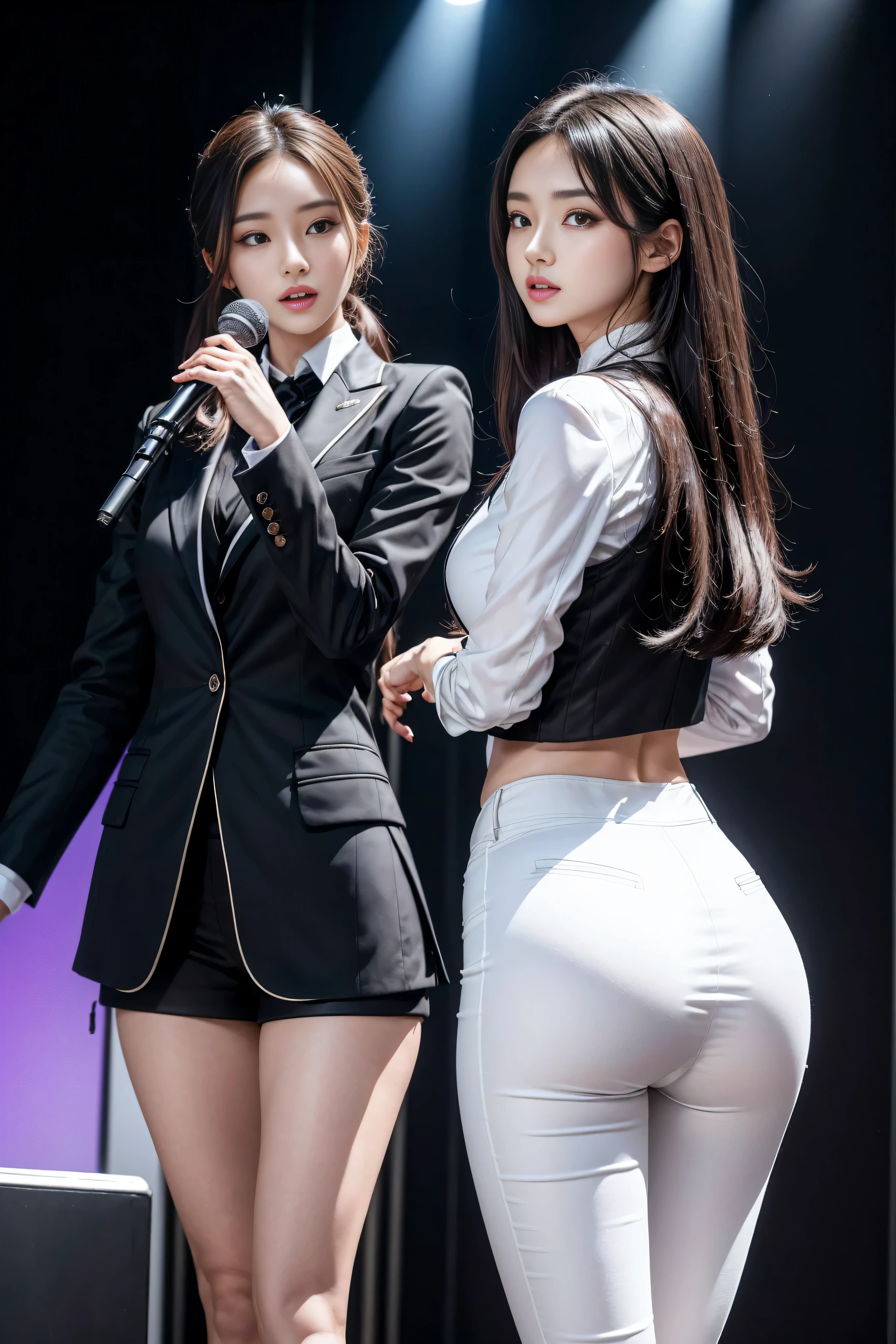 （8k，best quality，masterpiece，practical，super detailed：1.3），（1 girl，beautiful korean girl, kpop idol），（black suit jacket：1.2），（White skinny trousers：1.1），（serious expression：1.2）discuss，（speech，handheld microphone：1.2）（crowd，audience：1.3），Sexy long legs， （thigh gap：1.5），wide hips，S-shaped body， Buttocks raised，，black hair，（ass focus：1.1）shot from behind