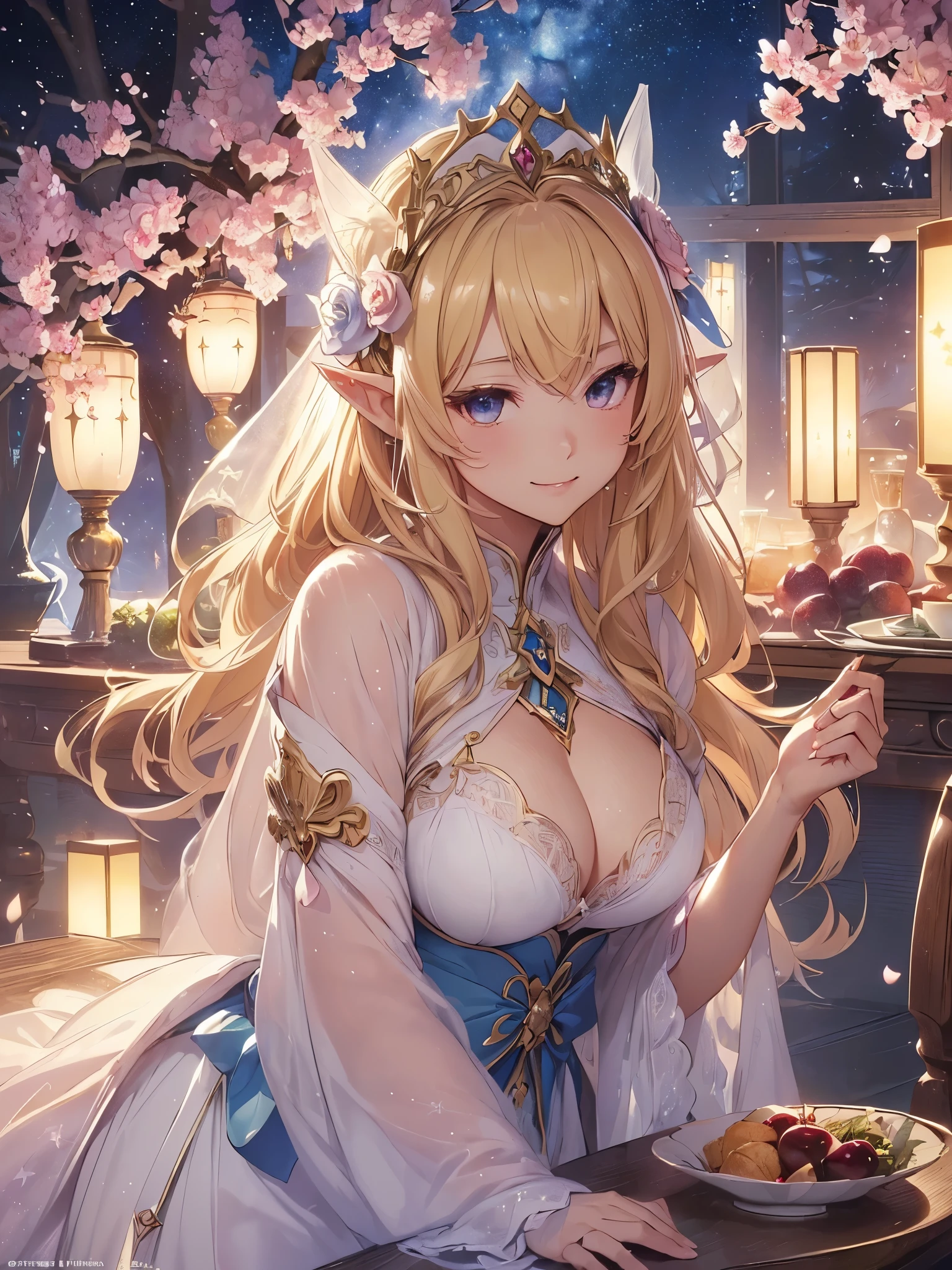 highest quality、Highest image quality、masterpiece、beautiful profile、、Titania、Super beautiful elf beauty((22 years old OL big bust、bust 90,beautiful long ironed hair、blonde、Height: 165cm。slender、sexy、Esbian、beautiful tiara、night、High quality、美しいart、Beautiful bed、canopy、Canopy、background((starry ski)))muste piece、ビジュアルart、Depth of the bounds written、、elf ears、、光のmagic、universe、A happy smile、gentle light、Elven Forest、cherry blossoms、、elegant、ticker beautiful decorative、marble columnystical　rosa、Rose、tea、lunch、cooking、　the sky、beautiful dressy、beautiful dress、table、giant galaxy、myth、ART、Lord of the Ring、sexy、friendly smile、Fantastic、cherry blossoms、舞い散るflowerびら、cherry blossomsのflower、universeのmagic、magicの光、fantasy、flower、super REALITYたくさんのRose、magic、universeを飛ぶ、、Grow fantasy、、mysteryの光、byzantine、Art nouveau、alphonse　Mucha、、art、art,mystery,UHD,magicalgentle light,sexy、