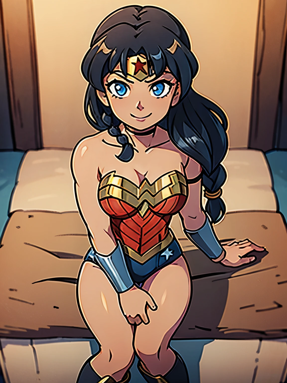  	
wonder woman,3d,alternate hairstyle,black hair,blue eyes,boots,braid,brown skin,exposed breasts,gauntlets,gold (metal),looking at viewer,sitting,smile,tiara