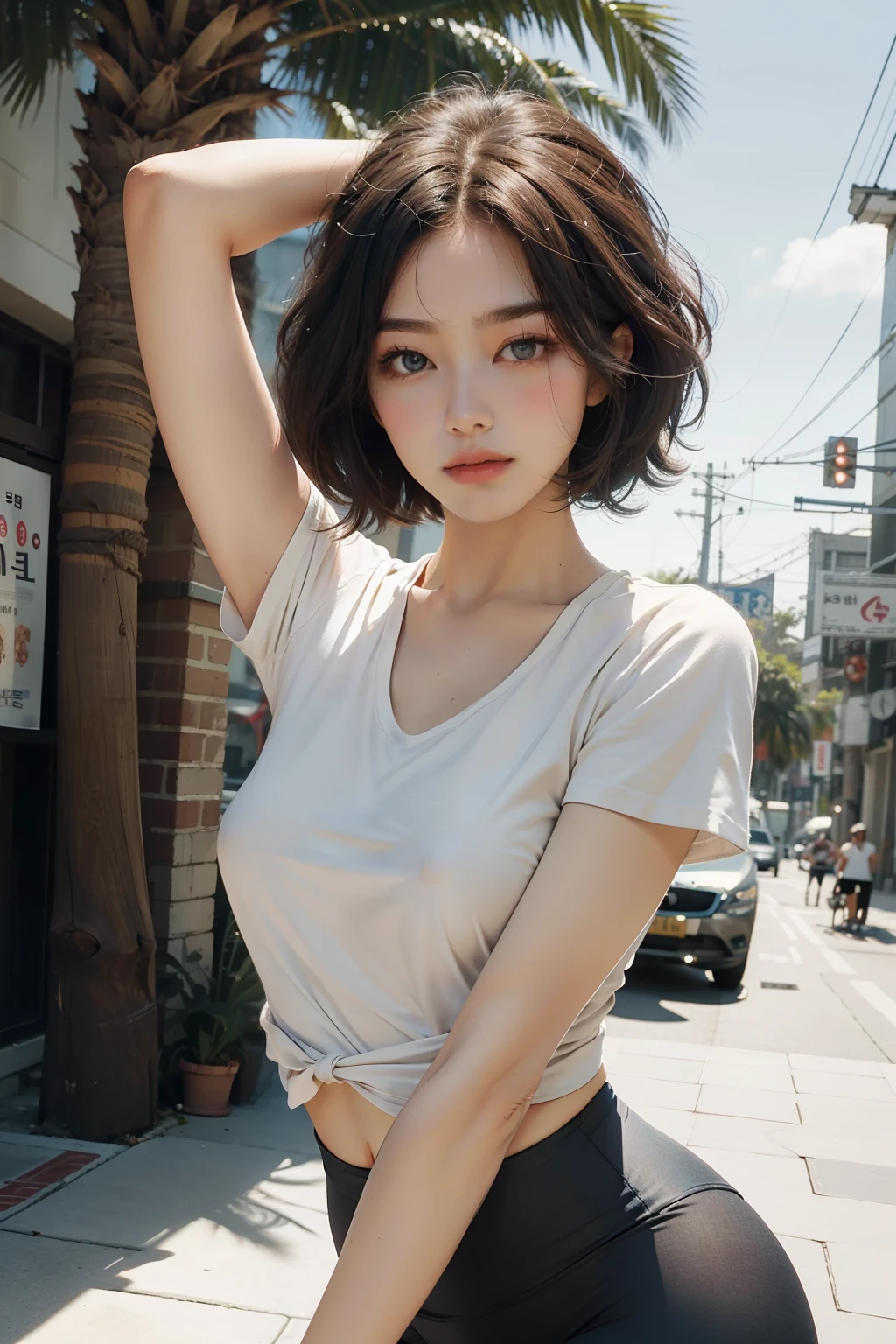 ((best quality)), ((masterpiece)), (detailed), perfect face, Araped woman doing yoga wearing a beige shirt and black leggings with palm trees in the background, soft curve, leggings with lines, Strong Pose, attractive body, Yoga mat, loose top, trendy haircuts in korea, korean beauty,