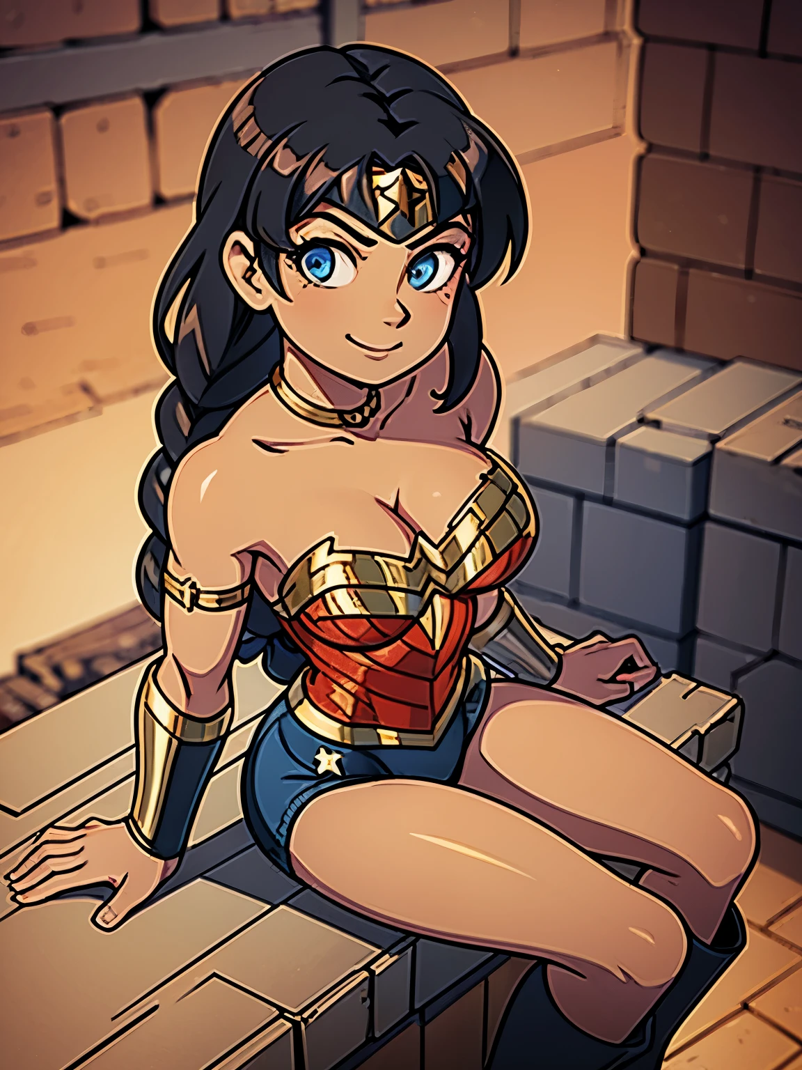  	
wonder woman,3d,alternate hairstyle,black hair,blue eyes,boots,braid,brown skin,exposed breasts,gauntlets,gold (metal),looking at viewer,sitting,smile,tiara