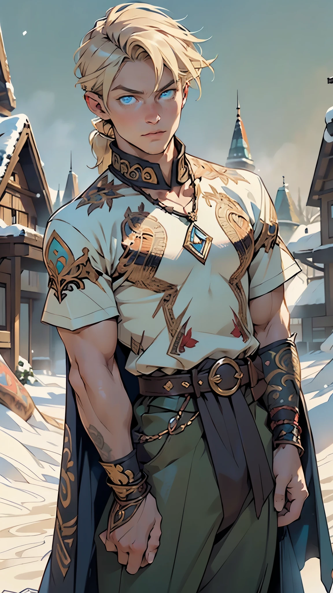 young man,male,light modern clothes,18 years old,(blonde hair:1.2,nice hair style,short detailed hair),(((blue_eyes:1.3))),intricate eyes,beautiful detailed eyes,symmetrical eyes,big eyes:1.5, handsome man,man:1.5,1 man,(male,muscle,1boy, 1 boy,pectoral,man chest, muscular),young,((1male,1 male,1man,man,male gender:1.5,handsome man,male focus)),

serious face,evil eyes,

(bulge on pants),((long, flowing green tunic adorned with fur and embroidery of Nordic symbols)), ((large black cape lined with fox fur)), Fur gloves, wide leather belt with a large metal buckle, necklace with an amulet,Metal bracelets,((clothing made of snake skin)),(((intricate outfit,intricate clothes,embroidered outfit,ornate outfit,embroidered clothes,ornate clothes))),

(dynamic pose:1.0),serious and thoughtful,man embarrassed,(centered,scale to fit dimensions,Rule of thirds),

((Asgard in the snow)),scenery:1.25,((intricate scenery)),((Asgard in the snow background)),(Asgard:1.5),

(Glossy nordic ornaments),highres,sharp focus,(ultra detailed,extremely detailed),(photorealistic artwork:1.37),(extremely detailed CG unity 8k wallpaper),(((vibrant colors,vibrant theme))),(intricate),(masterpiece),(best quality),artistic photography,(photography taken by sldr),(intricate background),perfect rendered face,perfect face details,realistic face,photo realistic,((intricate detail)),(((realism))),
