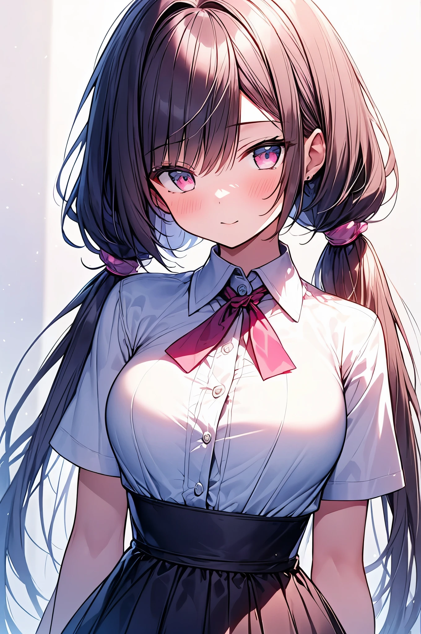 (Best Quality,8K,16k,high,masutepiece:1.4), (Ultra-detailed, ultra-detail, complexly detailed, finely detail, Hyper Detail REIT), Digital Enhancement, ultra-detailed digital anime art, ray tracing, Ultra-detailed, Perfect Pixel, pastel color, Beautiful anime girl, (upper body shot:1.4), (white background:1.4), Teenage girl, 1girls in,Single, Solo, normal breasts, pink hair, medium hair, (low twintails:1.3), (curi inside hair:1.3), pink eyes, Short Sleeves dress shirt, cardigan, mini skirt, (cute),