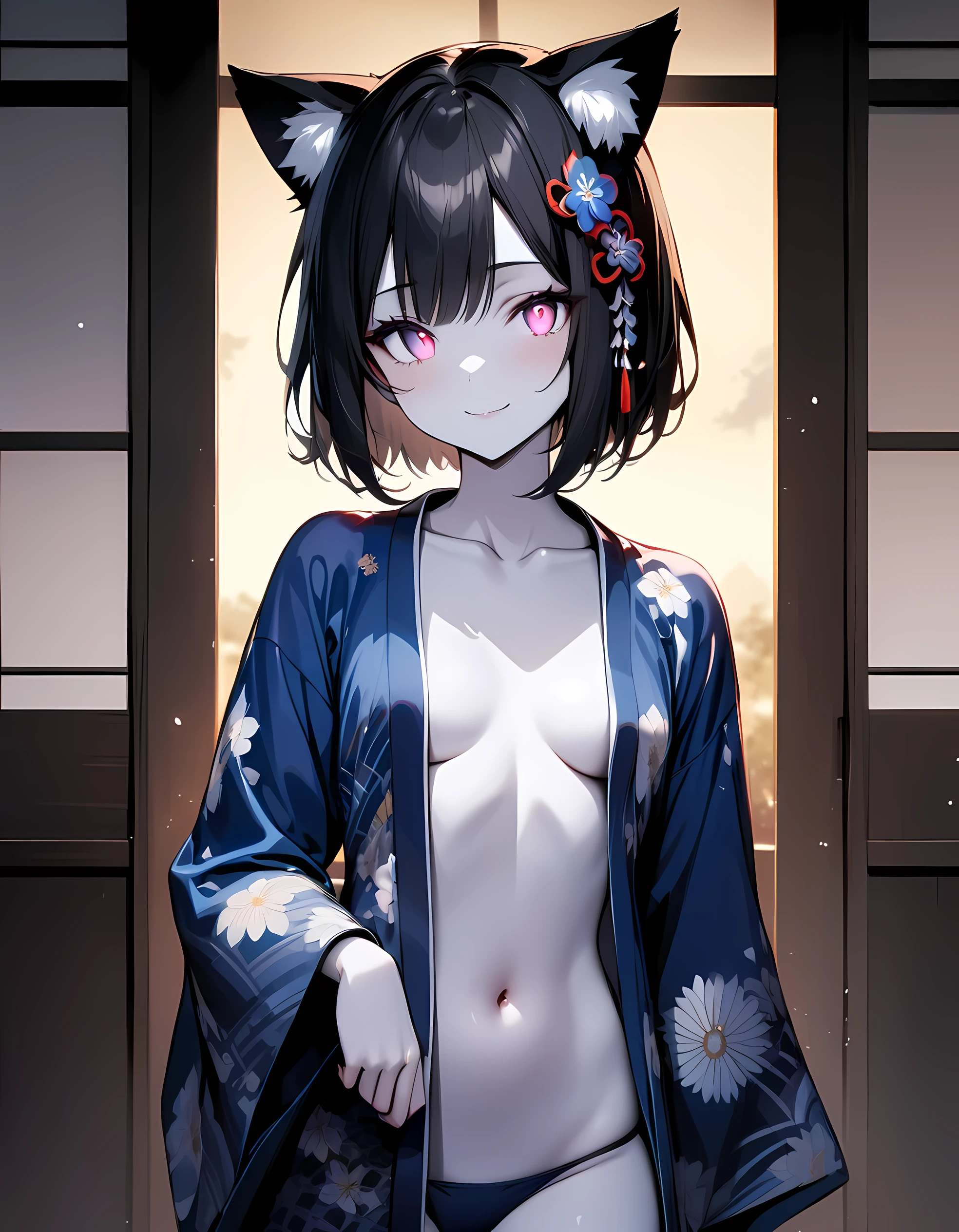 detailed, (masterpiece:1.2), (pale_skin:1.2), (solo:1.2), (female), slender, (glowing_eyes), (bright_eyes), smile, short hair, bangs, black hair, hair ornament, long sleeves, navel, animal ears, closed mouth, collarbone, japanese clothes, open clothes, cat ears, wide sleeves, kimono, stomach, animal ear fluff, floral print, blue kimono, print kimono, open kimono
