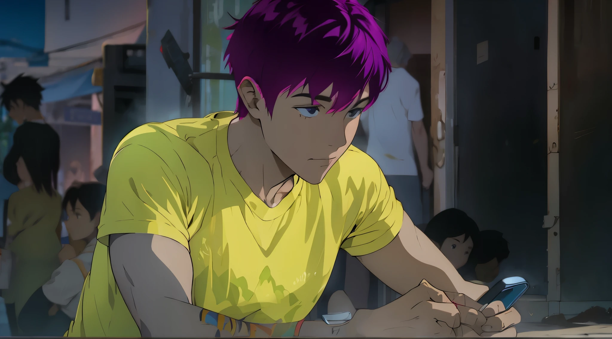 hay un lindo chico con cabello de violeta morado