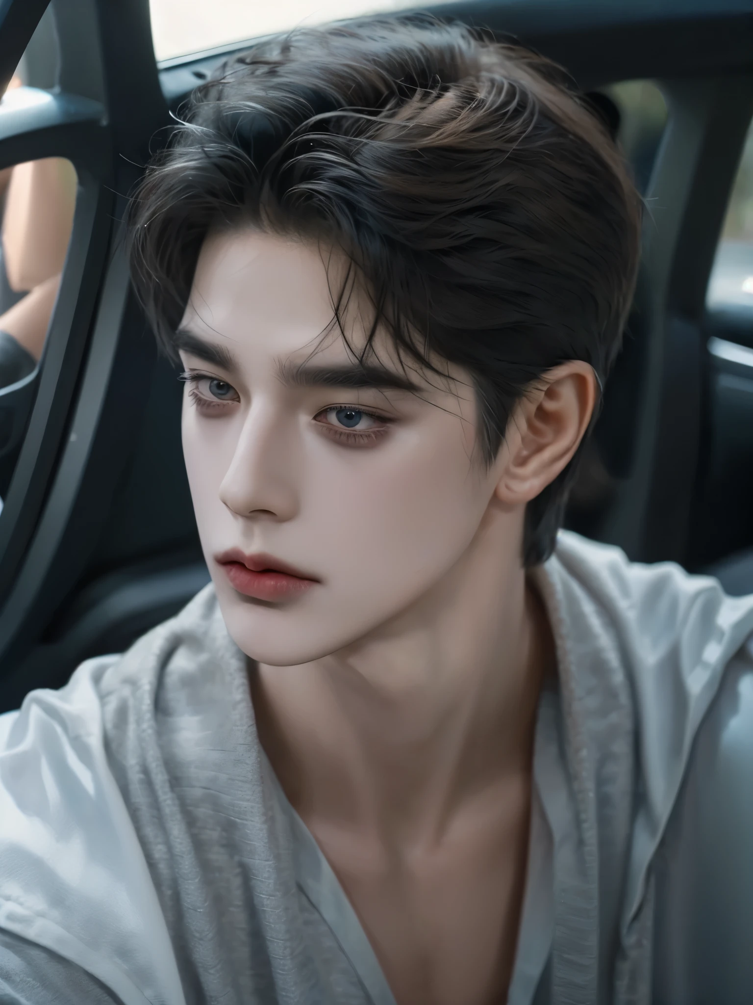 boy with light blue slanted eyes, dark black hair a little messy, cute asian boy, beautiful boy, cute eyes, super detailed, cute slanted eyes boy similar to kim taehyung, his appearance is super cute