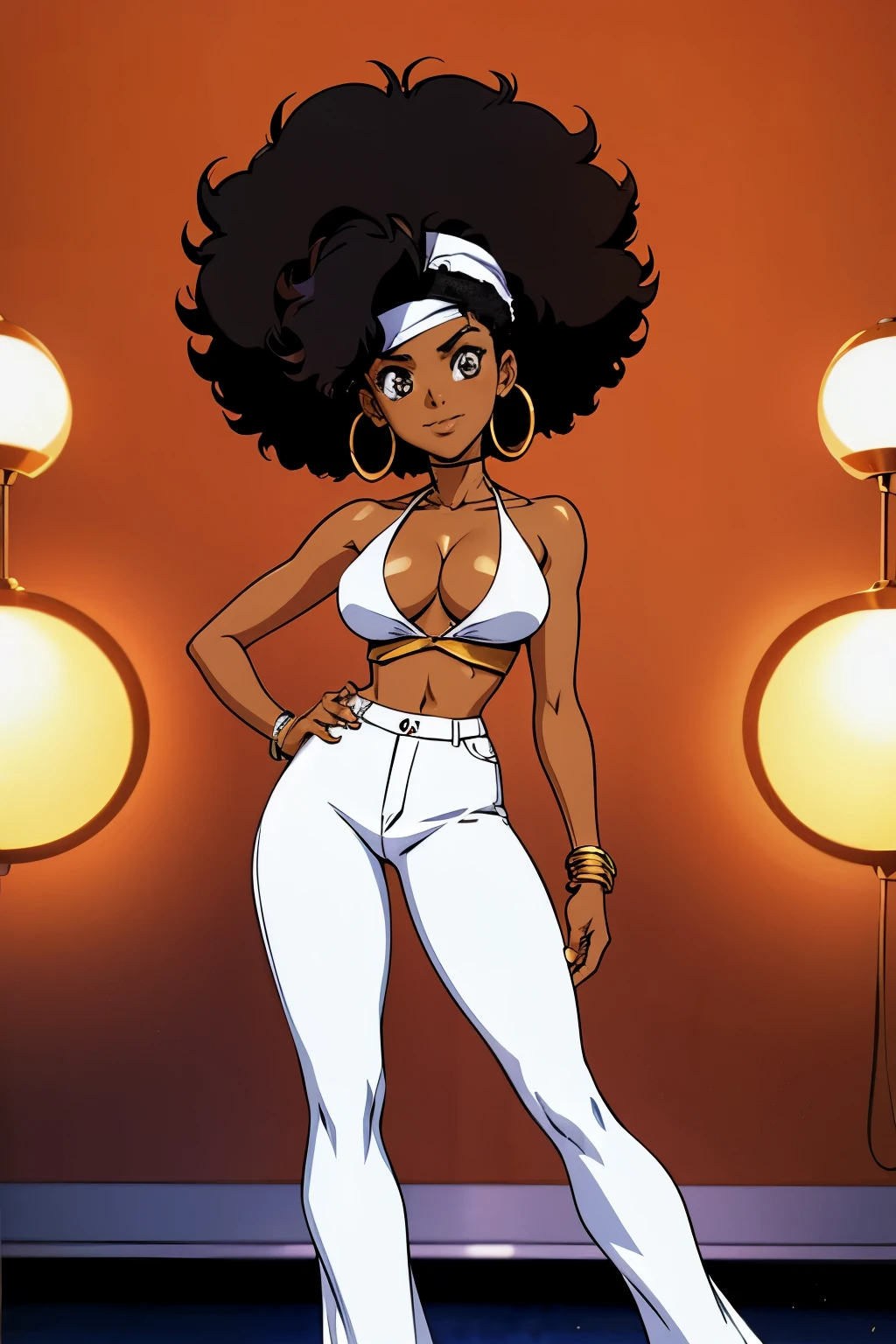 black woman from an 90s anime, 90s anime fog, static like from an 90s anime, 1990s \(style\), full body, short afro hair, black afro, curly black hair, serious smile, mouth closed, mysterious, action anime, bandana headband, round sunglasses, disco outfit, white loose flare pants, white pants, white halter top, cleavage, disco girl outfit, african woman, dark skin, gold bracelets, hoop earrings,