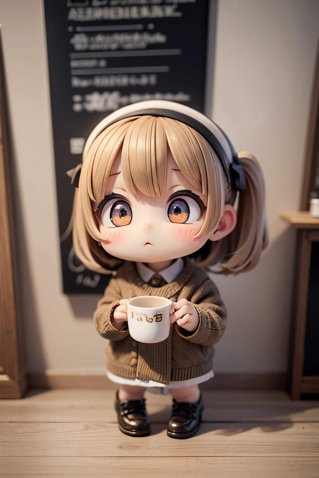 Photoreal、Chibi girl surprised to see artistic cafe latte art