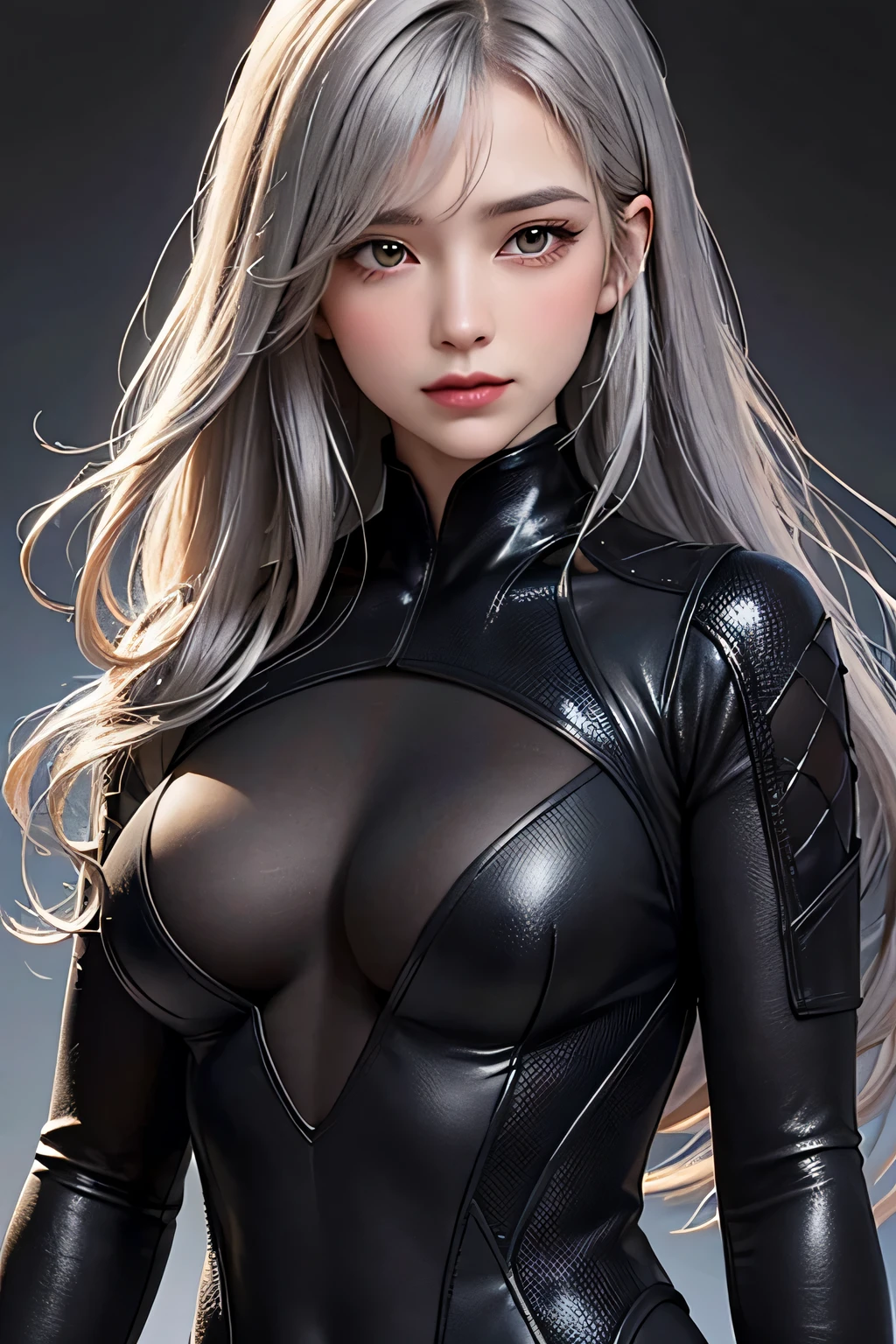 realistic, High resolution, 1 female, alone, hip up, look at the audience, (detailed face), gray hair, long hair, Midthorax wanders around\(body suit\), black suit