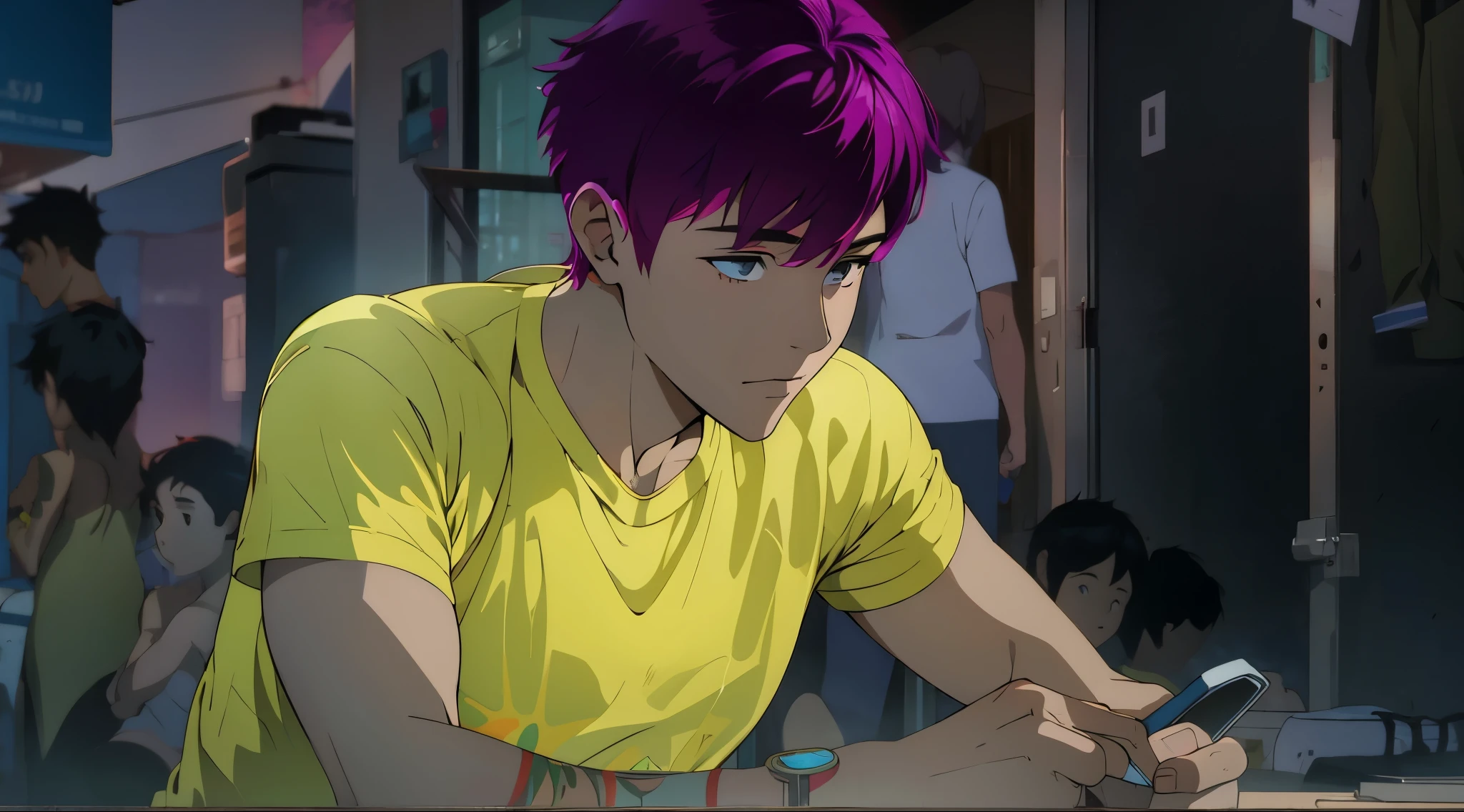 hay un lindo chico con cabello de violeta morado