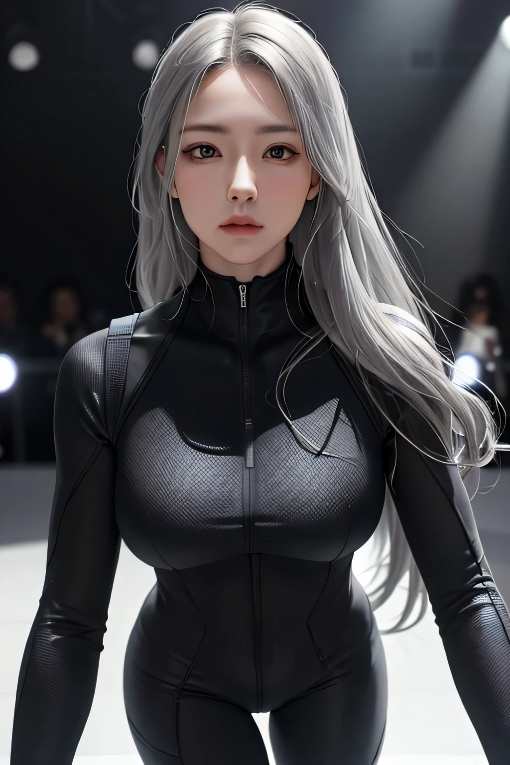 realistic, High resolution, 1 female, alone, hip up, look at the audience, (detailed face), gray hair, long hair, Midthorax wanders around\(body suit\), black suit