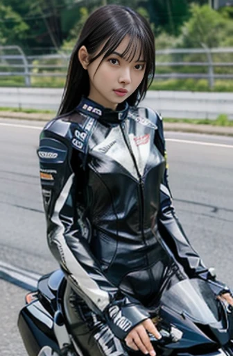 best quality, detailed, beautiful, insanely detailed, absurdres,perfect anatomy,
Japanese woman,black hair,27 years old,
(slender),
(small breasts),(long exposure:1.0),
full body shot, (Riding a motorcycle in a forward leaning position:1.3), speeding down a straight road, (racing suit latex:1.2), (dynamic angle:1.3)