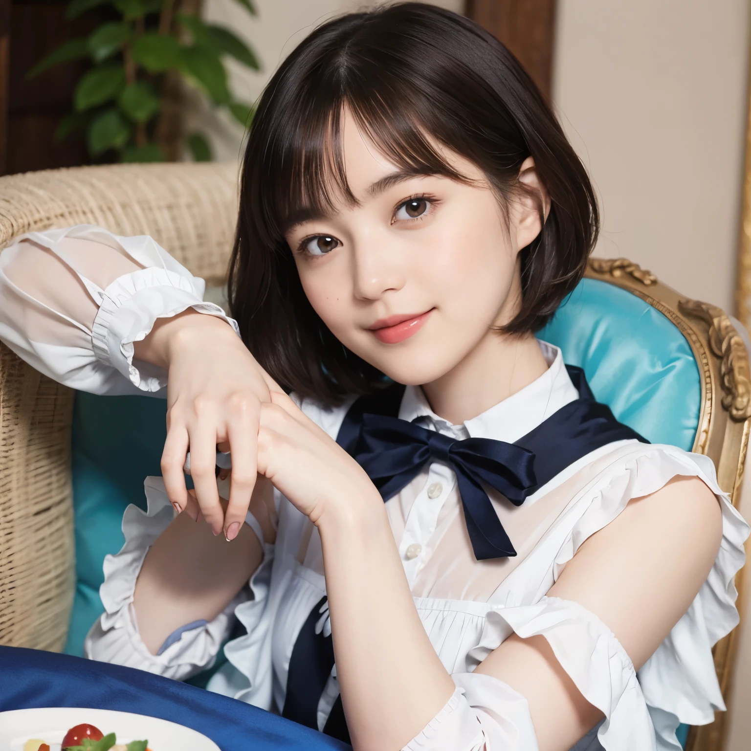 187 Alice in Wonderland, (lower part'head of:1.1), short hair, young woman, gentle smile