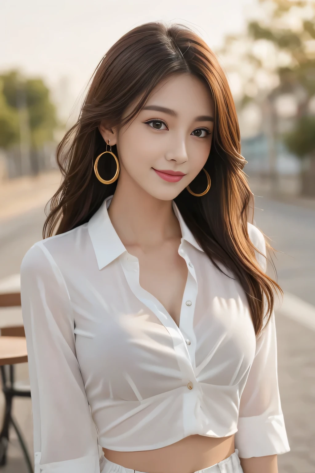 ((highest quality, 8K, table top: 1.3)), sharp: 1.2, perfect body beauty: 1.4, slim abs: 1.2, ((light brown long hairstyle,medium breasts: 1.2)), cleavage, (pale white long shirt: 1.1), Highly detailed face and skin texture, fine eyes, double eyelid, View from the side looking at the camera, innocent, (Excited: 1.3)、cute smile、big earrings、No sleeve、See-through shirt with collar、long hair、hair swaying in the wind、