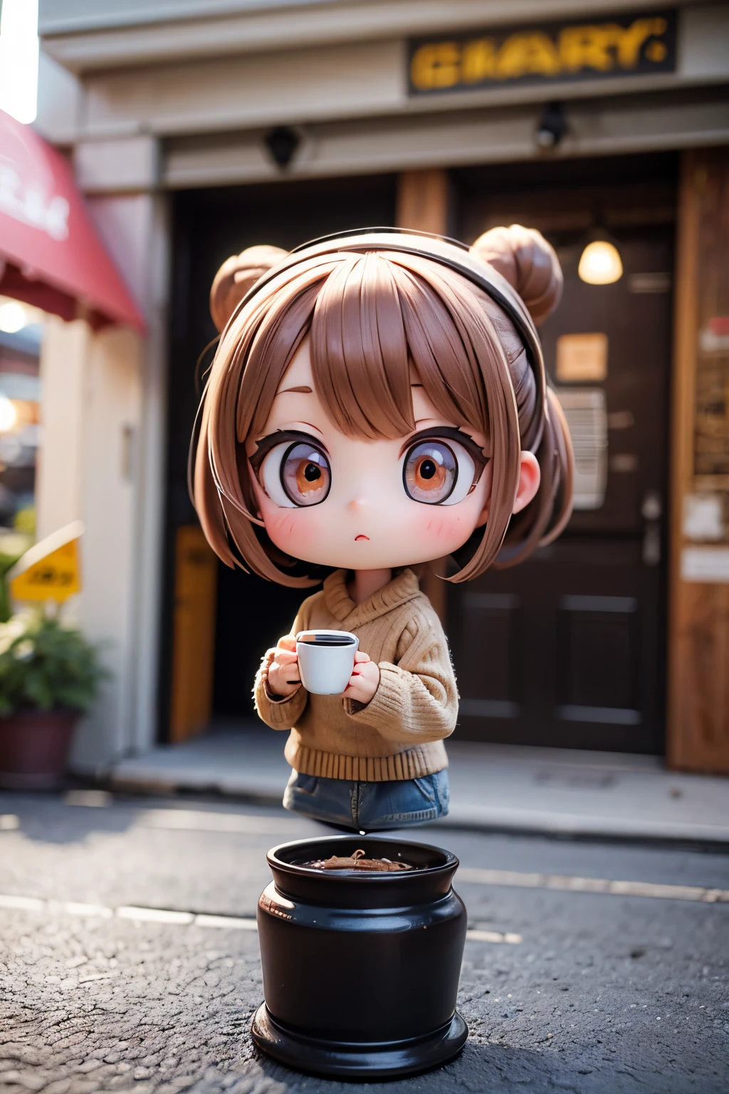 Photoreal、Chibi girl surprised to see artistic cafe latte art
