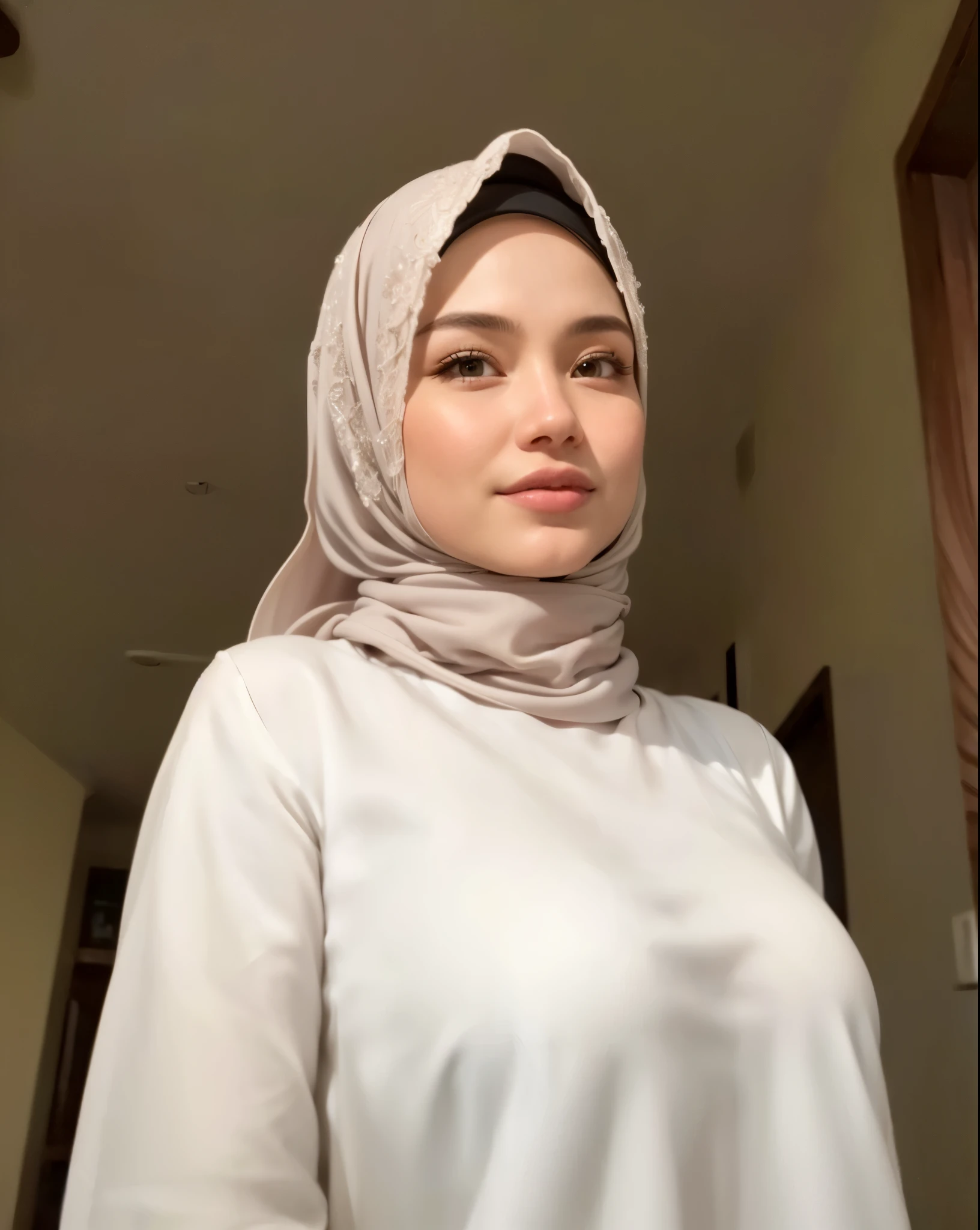 masterpiece, (ultra-high-definition portrait, vignet:1.4), Realistic, extremely detailed, CG unified, 8k, Clean lines, highly detailed, High-definition, raw color photos, she is smiling, Realistic portrait, Cinematic Light, Beautiful detailed, (1hijabgirl, indonesian:1.5), (165cm tall, big breasts with lips like she wants to kiss:1.5), Beautiful big breasts, breasts details, very tight, (Biggorgeous breast, Serious Face:1.5), (Serious Face, Big Breast:1.4), Close up of a girl in Beautiful clothes with errected nipple, biggorgeous breast, Soft smile, scarf, (Bombastic Side Eyes with curvaceous body:2), pose 4 of 1 6, Undress, No bra, (nipples that are clearly sticking out detail:1.2), Outdoors, high intricate detailed.