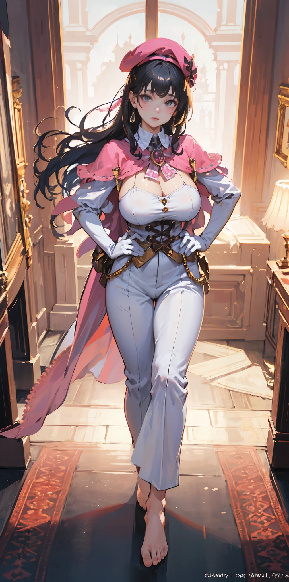 masterpiece, best quality, full body, barefoot, solo, female, big breast, feforrest, beret, pink capelet, pink tunic, white pants, brown gloves, upper body, looking at viewer, shy, from above, mansion, room, finely decorated room, pink theme, big breast but cover, hands to hip