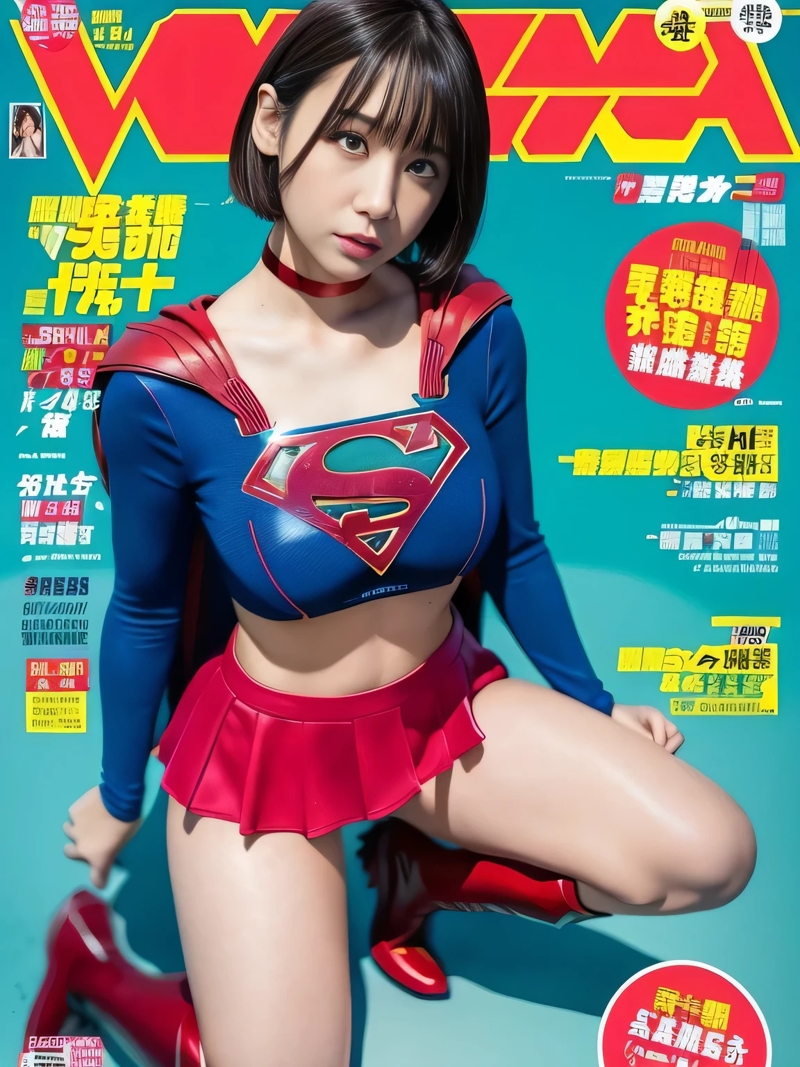 masterpiece、supergirl costume、short hair、enamel boots、big and full breasts、Crisis situation、Kneeling posture、model body shape、shiny、long sleeve、looking at camera、choker、red mini skirt、Weekly magazine cover、gravure magazine、sweaty、whole body、from right in front、