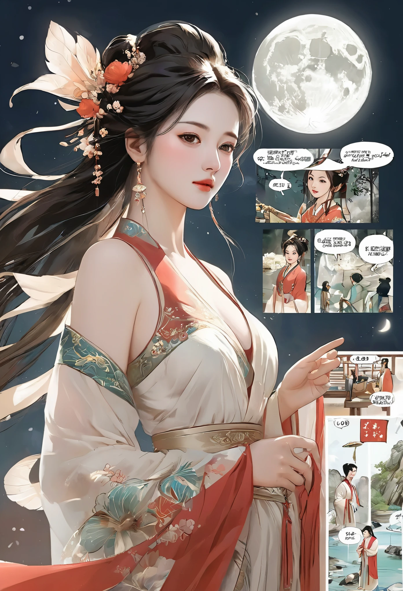 Comic storyboard:1.8, comic strip_layout,Chinese woman，The beautiful，Costume dress，edgBunny，full moon, 32K ，hyper HD, ， anatomy correct，fantasy，Comics-like panel layout, Voice balloons, English text, Hand drawn audio stickers used in comics