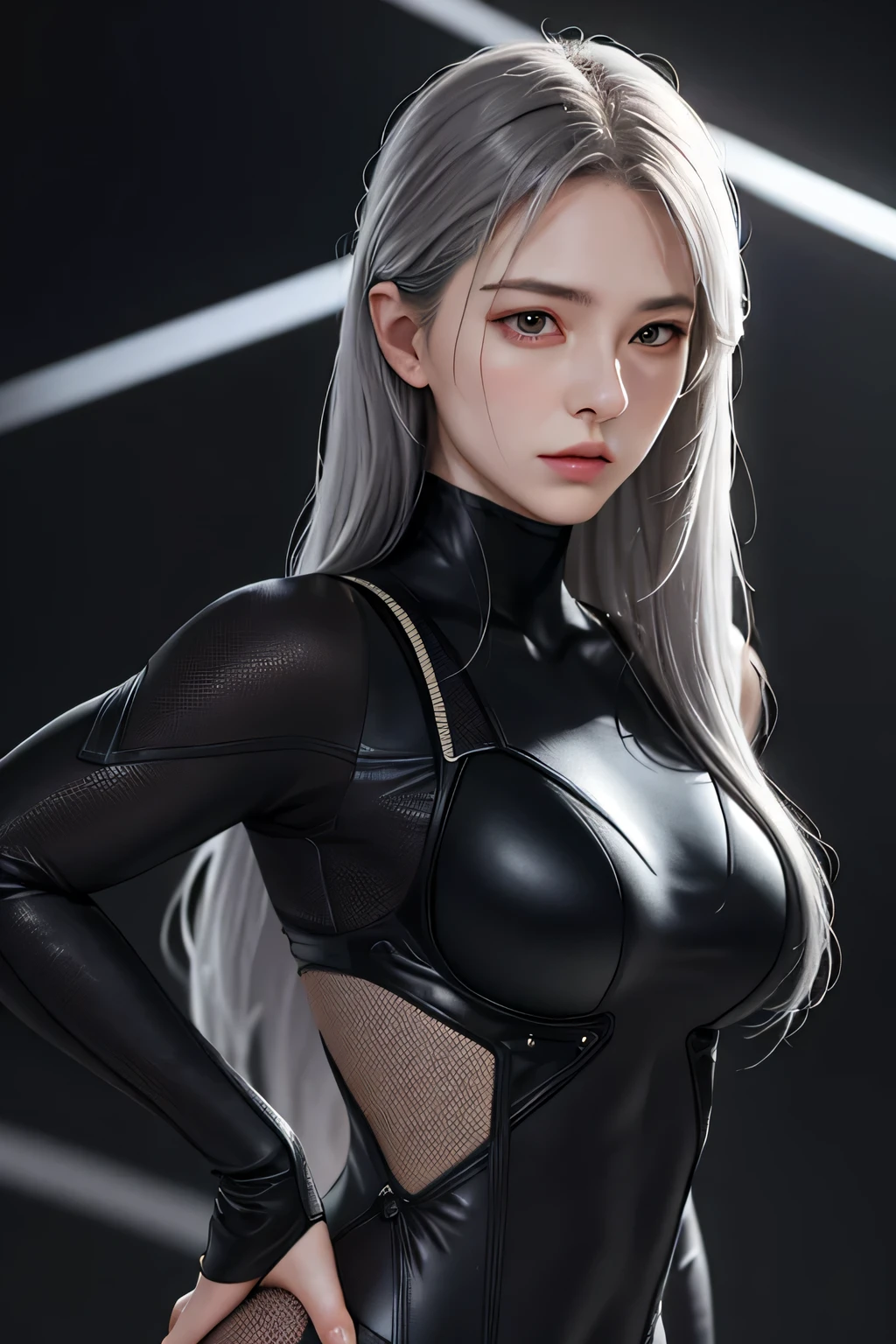 realistic, High resolution, 1 female, alone, hip up, look at the audience, (detailed face), gray hair, long hair, Midthorax wanders around\(body suit\), black suit