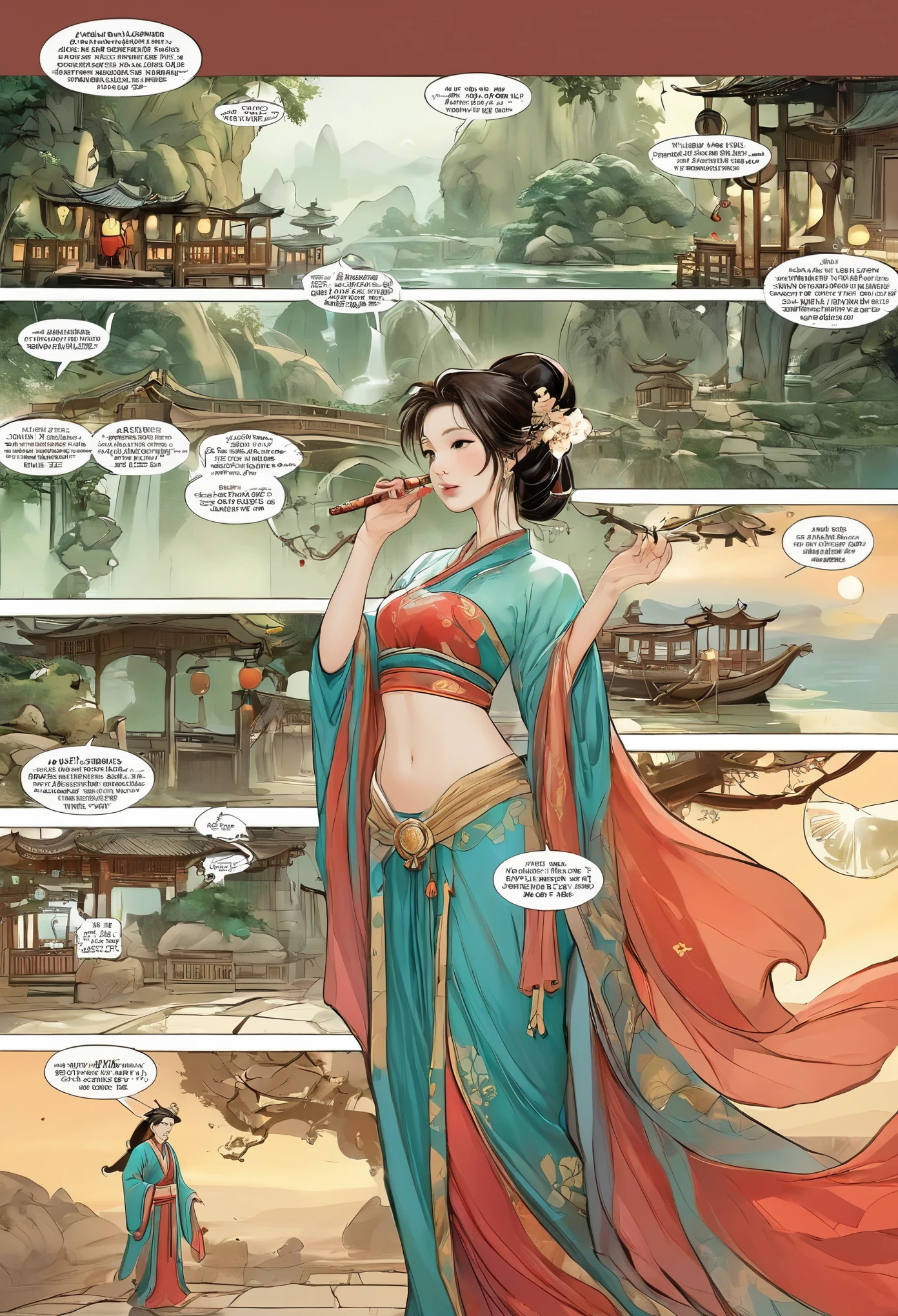 Comic storyboard:1.8, comic strip_layout,Chinese woman，The beautiful，Costume dress，edgBunny，full moon, 32K ，hyper HD, ， anatomy correct，fantasy，Comics-like panel layout, Voice balloons, English text, Hand drawn audio stickers used in comics