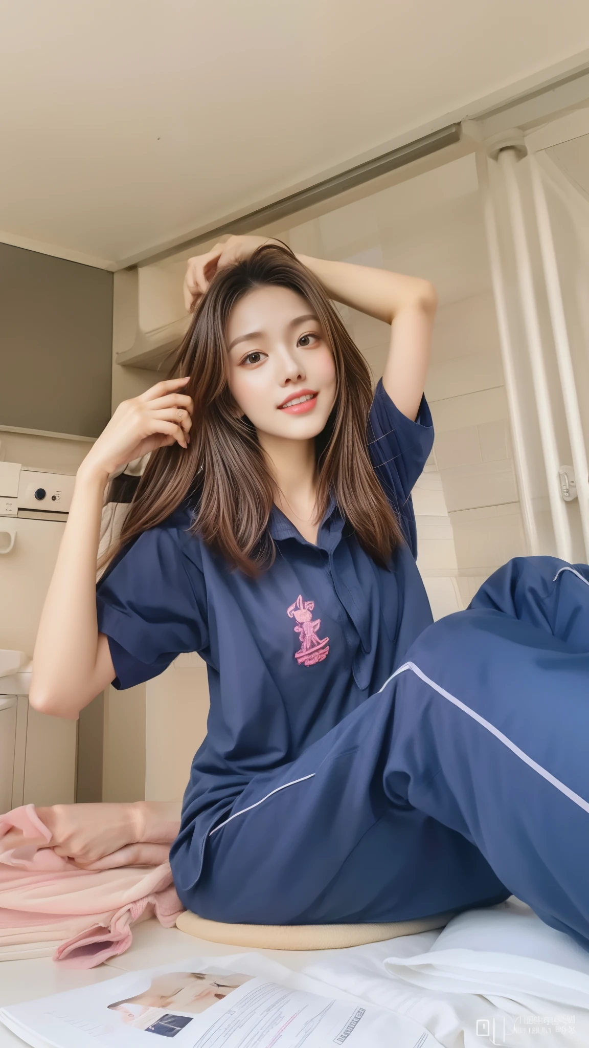 (best quality,10,10,height,Masterpiece:1.2),Special details,(realistic,Realistic picture,Realistic photos:1.37),1 Cute girl in the kitchen,shiny, skin shiny,only,smile softly,BDclothelue shirt:1.3)),short sleeve,shirt, Long pants.,(navy_long_track pants:1.1), ((Kitchen Background)),Dynamic angle,excited,Face focus,dynamic poses,from behind,focus on ass,Masterpiece, best quality, ultra realistic, Too many details, 8k resolution, raw photos, Sharp focus, ((Navy blue shirt:1.1)), short sleeve, long route, perfect body, 2 mature women, 18 years old, Cinema-grade lighting system,blue sweatpants,exercise cloth,correct anatomy,perfect body, correct body, Sharp face, Correct body anatomical, full body, realistic gestures, long-haired, realistic poses,Wear long shorts...........................,The legs are long.,Good shape,carved girl, Slender figure, model, Good shape, beautiful body,blue sweatpants, two girls kissing