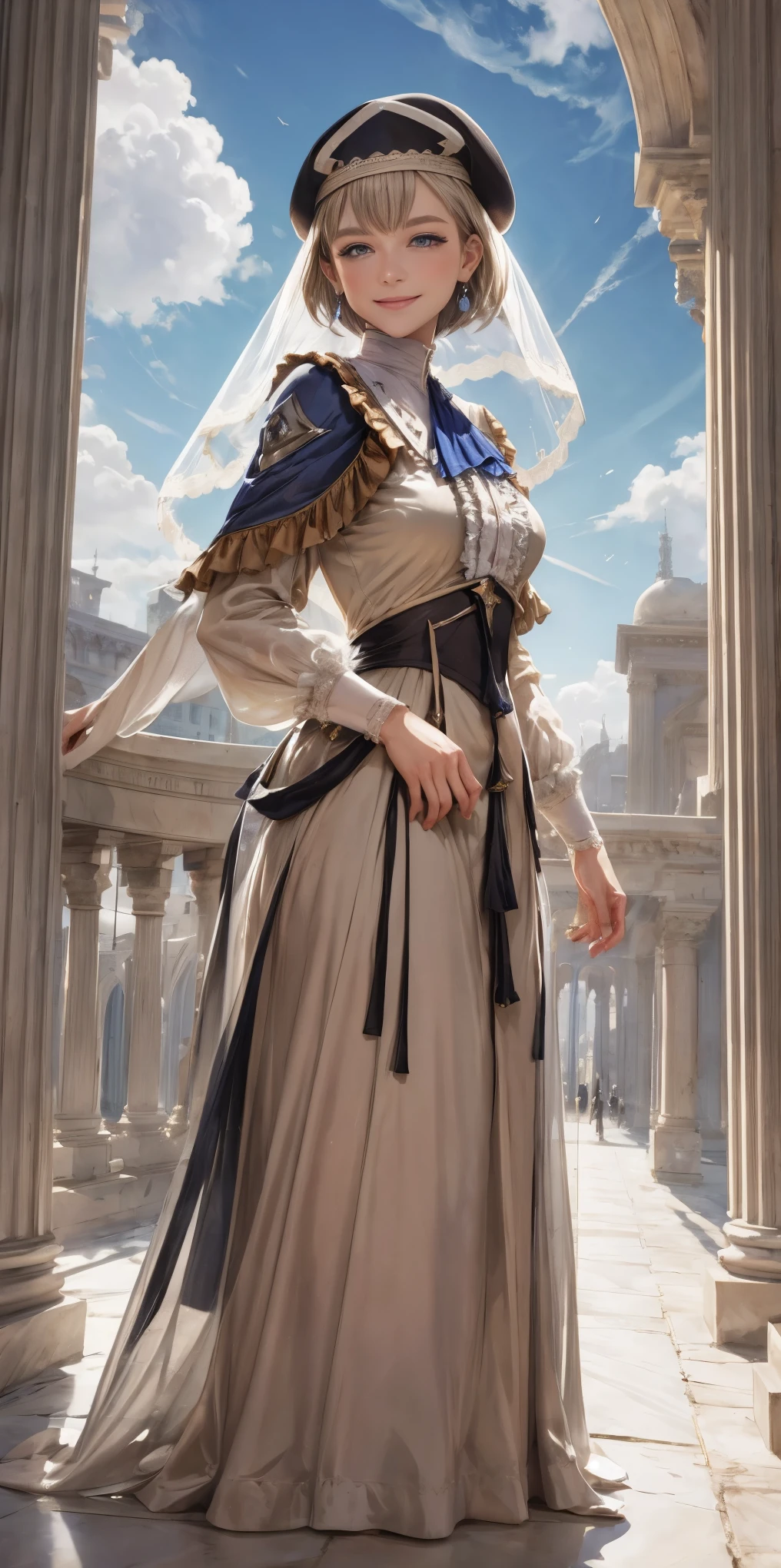 masterpiece, best quality, warMercedes, beret, veil, see-through, short hair, blue ascot, long frilled dress, large breasts, looking at viewer, smile, hand on own arm, outdoors, clouds, marble architecture, sky