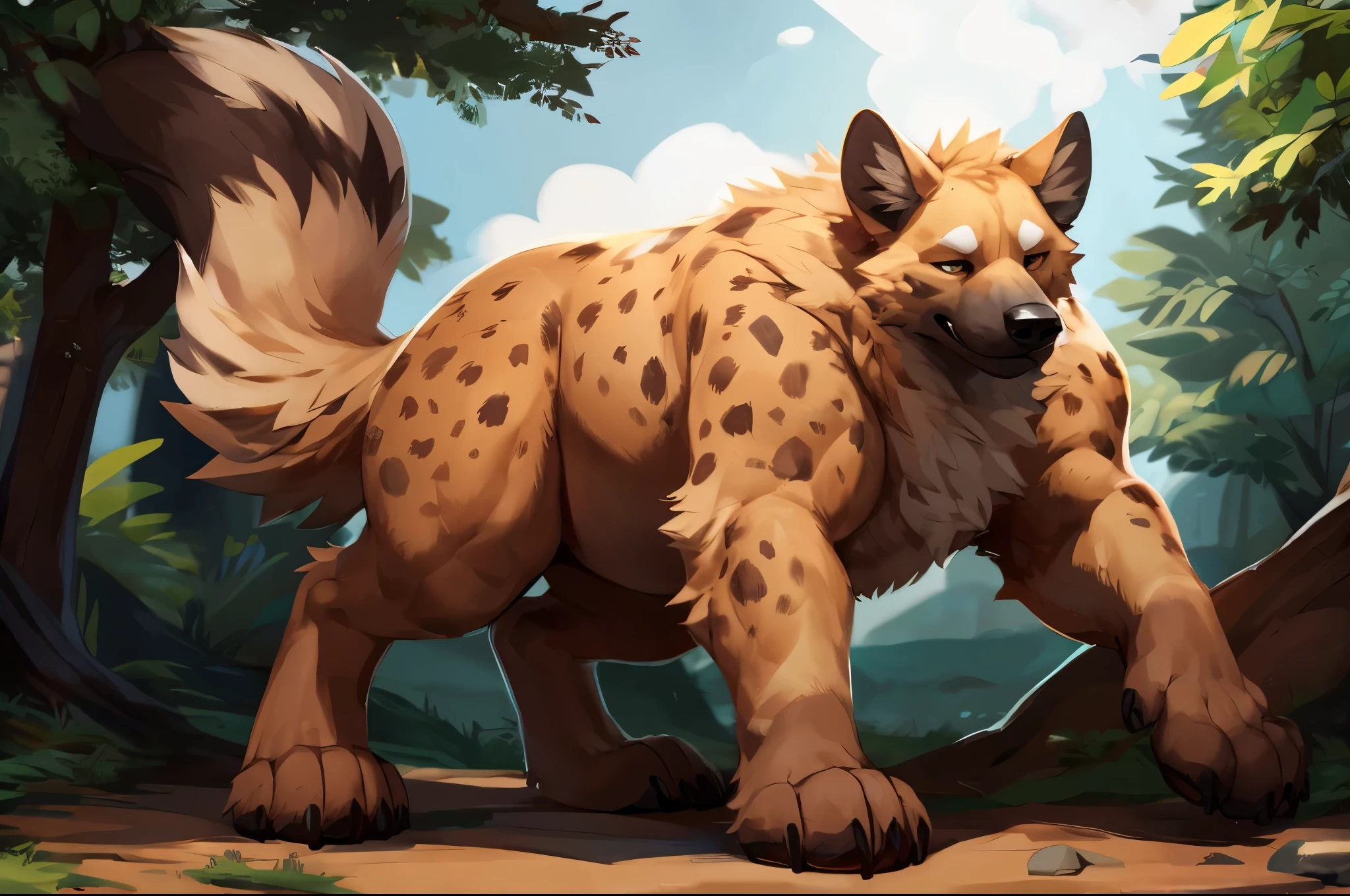 4k ultra quality, 4k full body view,(ultra high detailed body),strong hyena, detailed body,by mystikfox61, by glitter trap boy,feral paws, by bebebebebe,by morethreedee, by seibear,(thick thigh),(chubby thigh),thicc thigh,thick legs,chubby legs,thicc legs,massive butt,enomorous thigh,massive thigh,massive legs,thick lower legs,wide legs,(detailed thigh),(wide thigh),fluffy belly,hyper belly,sharp nails,((sfw)),(ultra detailed face),detailed eyes,big tail,fluffy tail,(detailed tail),enomorous tail,bigger tail,huge tail,volumetric light,muscle legs,big paws,(thick paws),fluffy paws,furry paws,enomorous paws,(animal focus), beast,standing,(bigger lower body),strong lower body,(long legs),front view,master works, super fine, 4k resolution, high quality,high picture detail,dark fantasy,illusory engine, Masterpiece,dire wolf,feral body,muscular feral,too tired,faint lighting,macro,giga