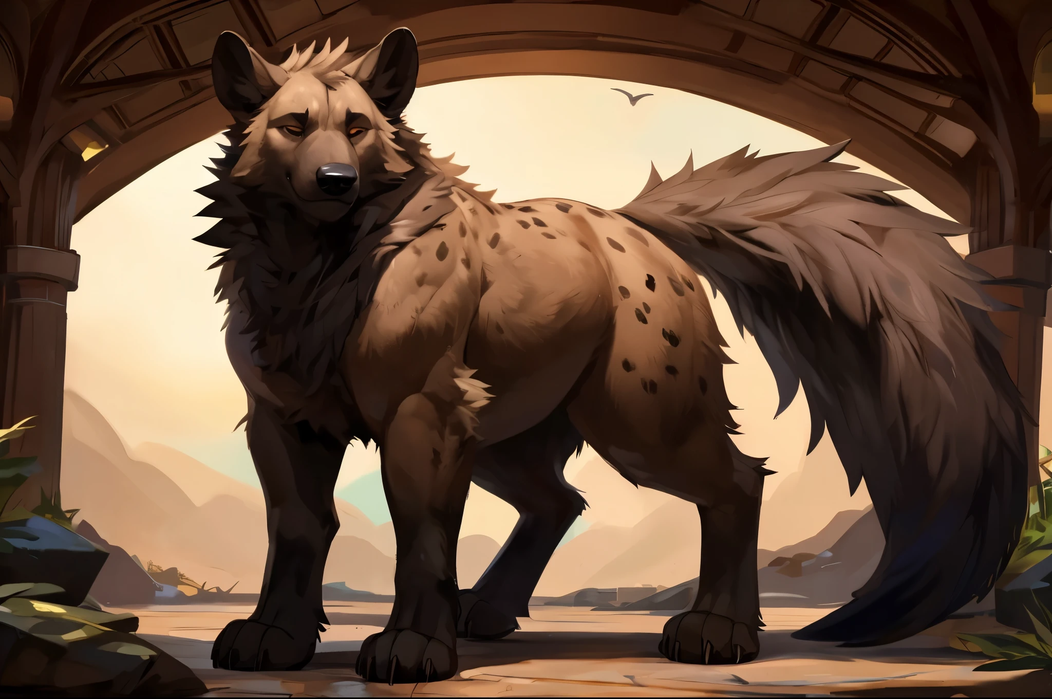 4k ultra quality, 4k full body view,(ultra high detailed body),strong hyena, detailed body,by mystikfox61, by glitter trap boy,feral paws, by bebebebebe,by morethreedee, by seibear,(thick thigh),(chubby thigh),thicc thigh,thick legs,chubby legs,thicc legs,massive butt,enomorous thigh,massive thigh,massive legs,thick lower legs,wide legs,(detailed thigh),(wide thigh),fluffy belly,hyper belly,sharp nails,((sfw)),(ultra detailed face),detailed eyes,big tail,fluffy tail,(detailed tail),enomorous tail,bigger tail,huge tail,volumetric light,muscle legs,big paws,(thick paws),fluffy paws,furry paws,enomorous paws,(animal focus), beast,standing,(bigger lower body),strong lower body,(long legs),front view,master works, super fine, 4k resolution, high quality,high picture detail,dark fantasy,illusory engine, Masterpiece,dire wolf,feral body,muscular feral,too tired,faint lighting,macro,giga
