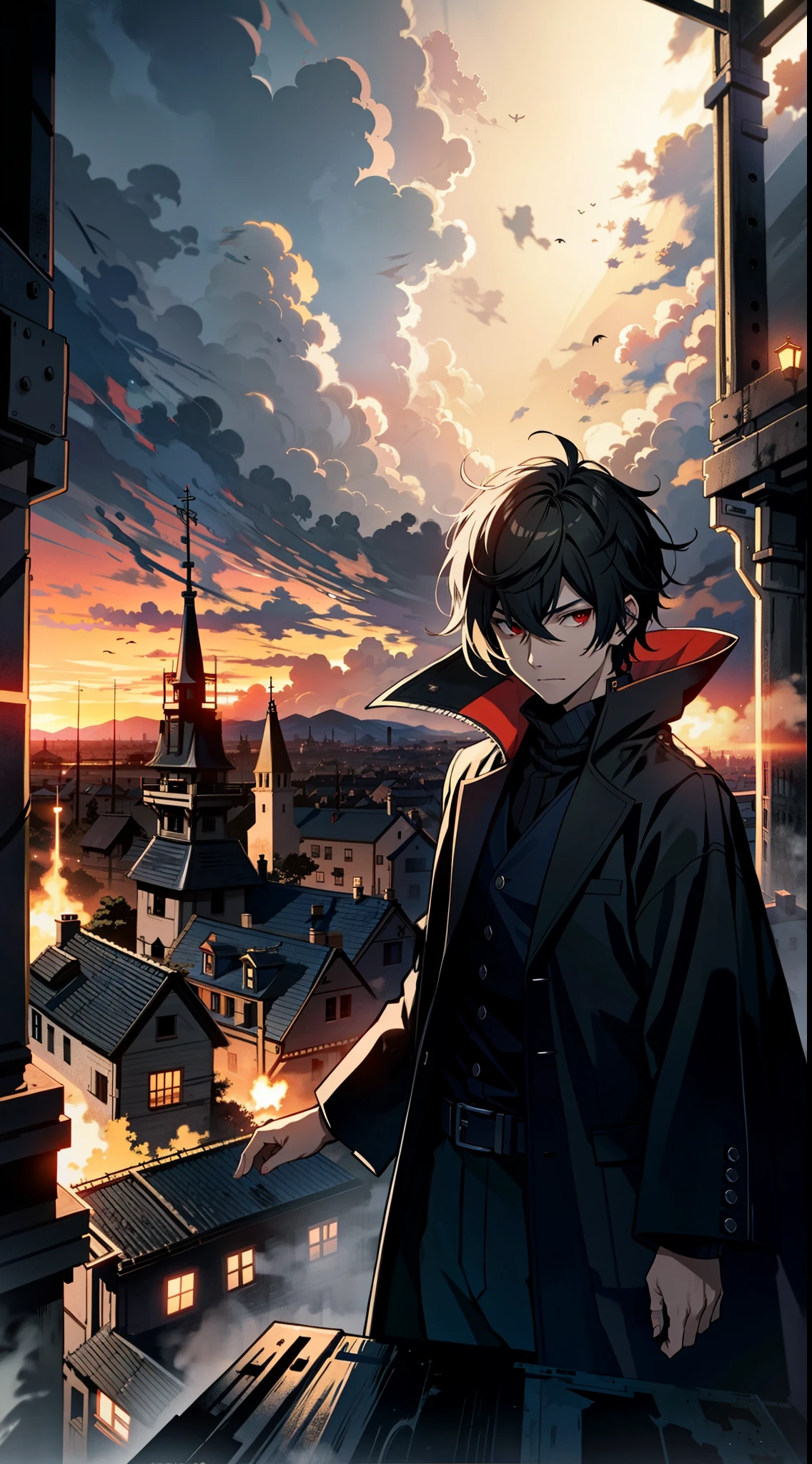 vampire boy, red eyes, black cloak, standing at the top of an abandoned tower, overlooking the village, gloomy landscape, bloody night, fake detail, trending pixiv fanbox, acrylic palette knife, style of makoto shinkai studio ghibli genshin impact james gilleard greg rutkowski chiho aoshima