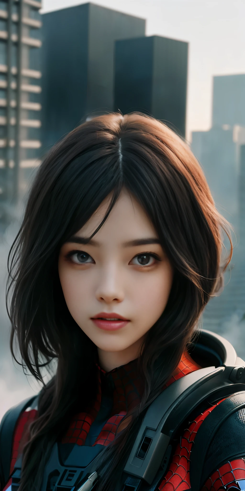 (1girl:1.3), Solo, (((Very detailed face)))), ((Very detailed eyes and face)))), Beautiful detail eyes, Body parts__, Official art, Unified 8k wallpaper, Super detailed, beautiful and beautiful, beautiful, masterpiece, best quality, original, masterpiece, super fine photo, best quality, super high resolution, realistic realism, sunlight, full body portrait, amazing beauty, dynamic pose, delicate face, vibrant eyes, (from the front), She wears Spider-Man suit, red and black color scheme, spider, very detailed city roof background, rooftop, overlooking the city, detailed face, detailed complex busy background, messy, gorgeous, milky white, highly detailed skin, realistic skin details, visible pores, clear focus, volumetric fog, 8k uhd, DSLR, high quality, film grain, fair skin, photo realism, lomography, futuristic dystopian megalopolis, translucent