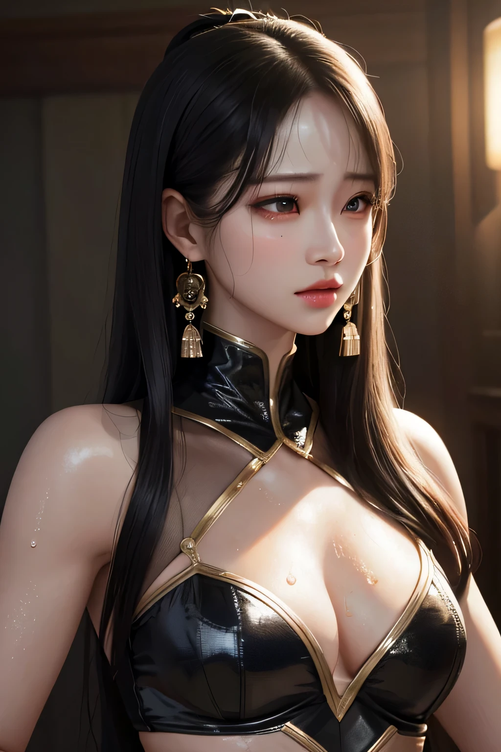 High resolution,4k,HDR,1 girl, photorealistic, realistic,sweat muscle, thin face,Yangmi,heavy makeup, Are standing,(((Half body))), medium breasts,earrings ,