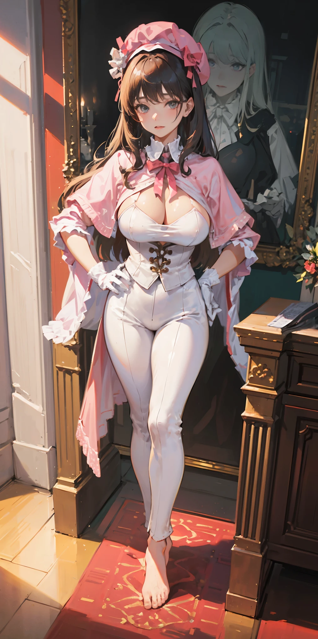 masterpiece, best quality, full body, barefoot, solo, female, big breast, feforrest, beret, pink capelet, pink tunic, white pants, brown gloves, upper body, looking at viewer, shy, from above, mansion, room, finely decorated room, pink theme, big breast but cover, hands to hip