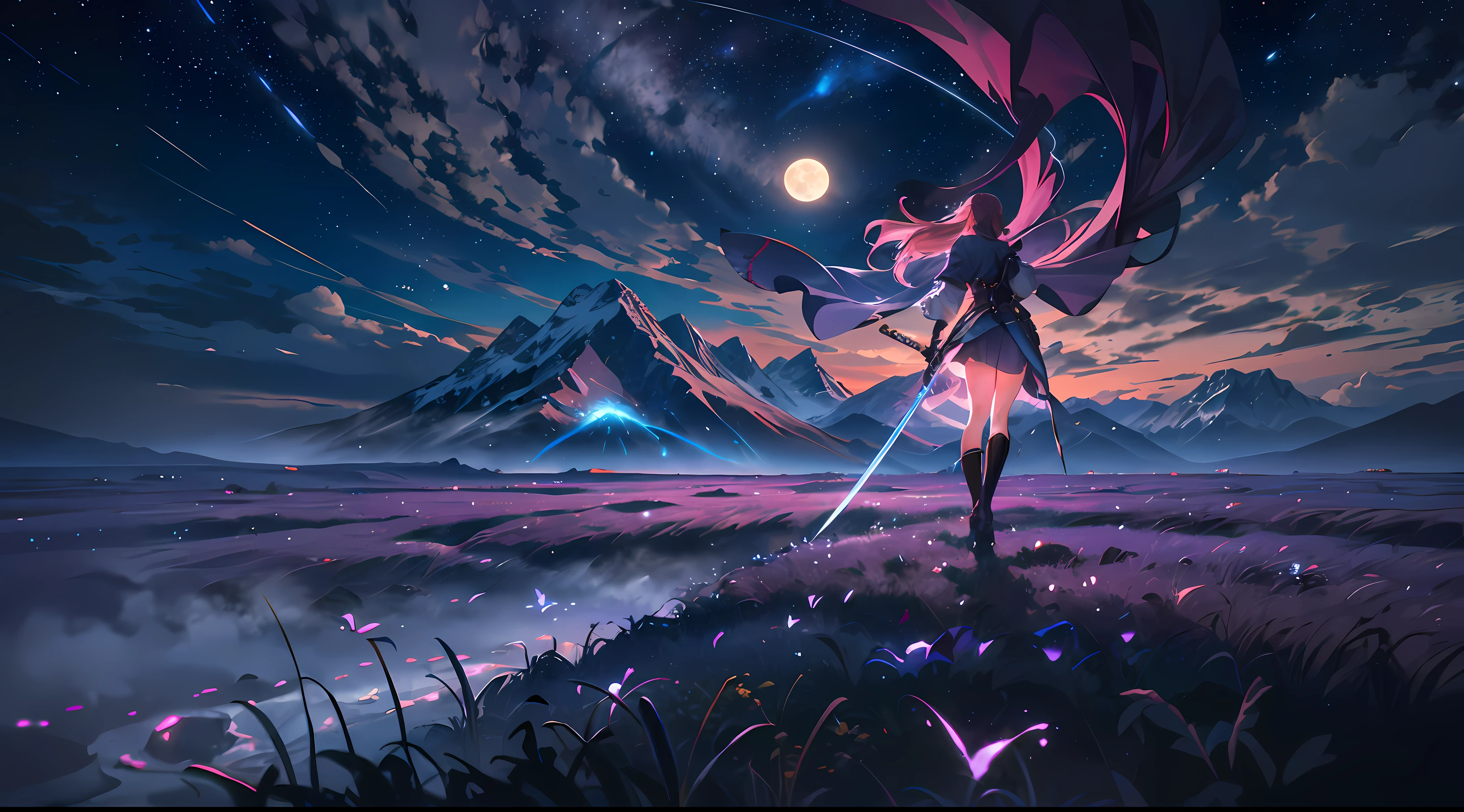 ((Best quality)), ((Meisterwerk)), Great landscape photo, (von unten, HIMMEL OBEN, Open field below), Back of a maiden with a sword in her hand, (Vollmond: 1.2), (Meteor: 0.9), (Nebel: 1.3), ferne Berge, Trees make BREAK art, (warme Lichtquelle: 1.2), (Firefly: 1.2), Lampen, Viel Lila und Orange, komplizierte Details, volumetrische Beleuchtung, Realismus BREAK (Meisterwerk: 1.2), (Best quality), 4K, Ultradetailliert, (dynamische Komposition: 1.4), sehr detailiert, Rich in Detail, (Irisierend: 1.2), (Glow, Stimmungsvolle Beleuchtung), dreamy, magisch, (Allein: 1.2), depth of field, Maximum sharpness and clarity, perfekte Proportionen, 8K RAW
