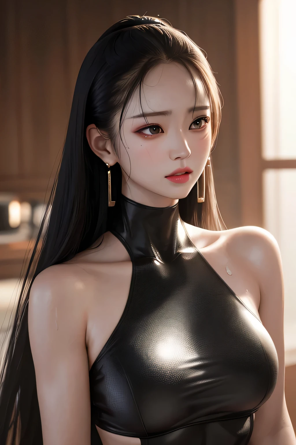 High resolution,4k,HDR,1 girl, photorealistic, realistic,sweat muscle, thin face,Yangmi,heavy makeup, Are standing,(((Half body))), medium breasts,earrings ,   