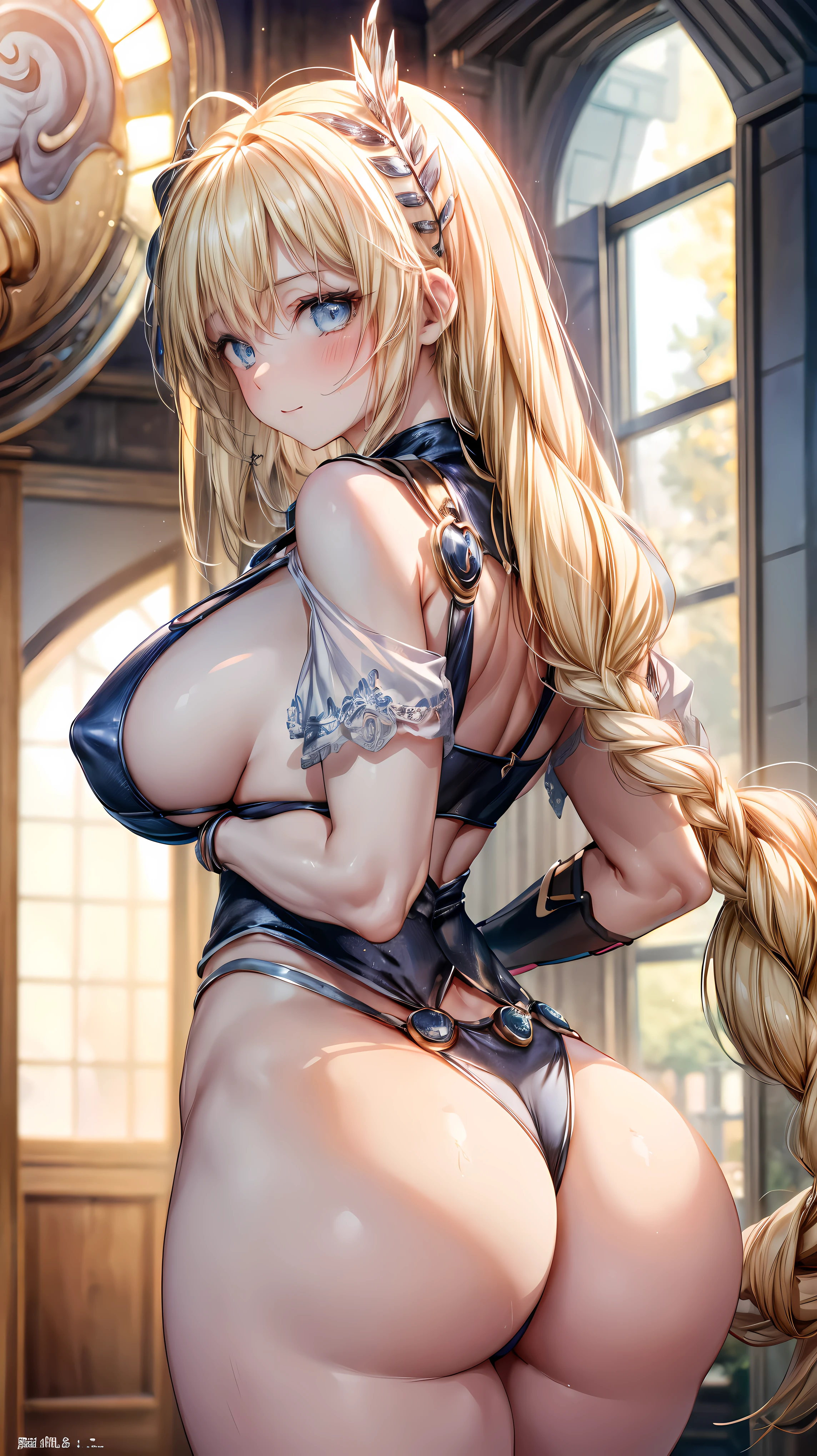 two women、sensual, long blonde hair, thick thighs, 8K, 4k, highest quality, High resolution:1.2), cute anime face, noise reduction, shining blue eyes, gentle smile, kind eyes、toned abdominal muscles, muscular arms, muscular legs, young face, anime eyes, (((big breasts、A chest that is about to burst)))、(((bondage style)))、(((Rear view、I'll turn around、T-back song that digs into your butt)))、(Sophitia Alexandra)、(SFW giant body)