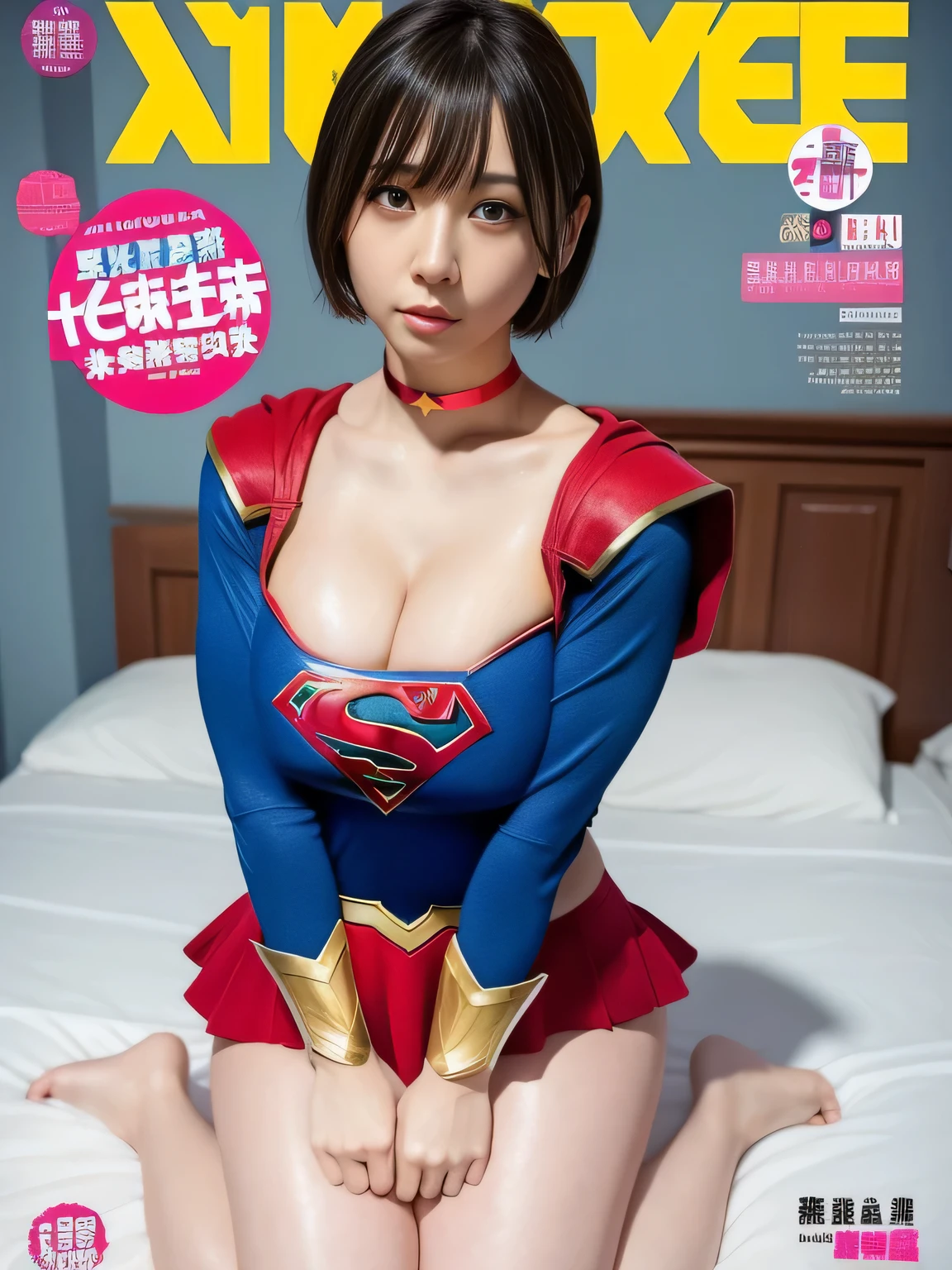 masterpiece、supergirl costume、short hair、barefoot、big and full breasts、public health center、After masturbating on the bed、sexy pose、model body shape、shiny、looking at camera、Seduce、choker、long sleeve、red mini skirt、Weekly magazine cover、gravure magazine、sweaty、Exciting、